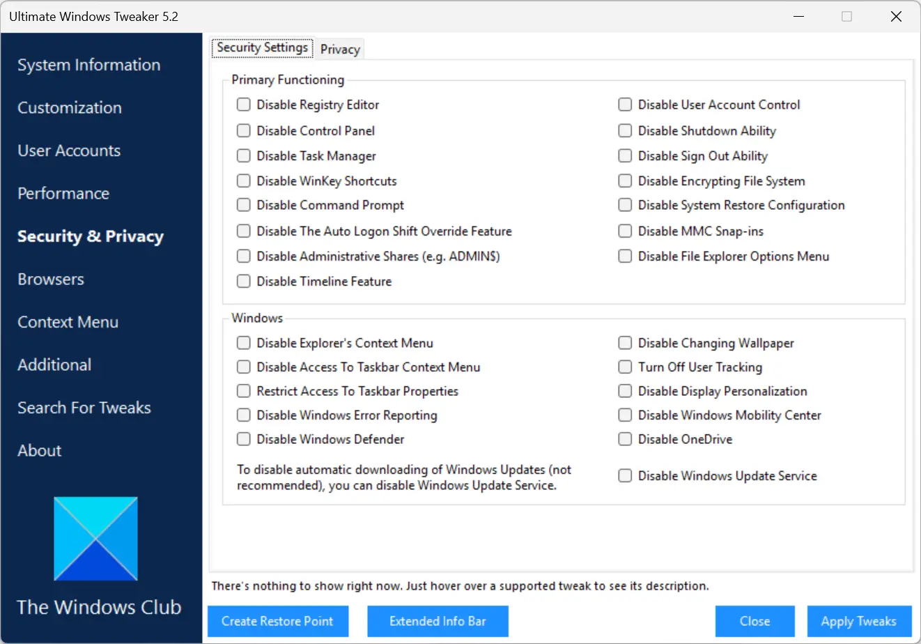 Paramètres de sécurité disponibles dans Ultimate Windows Tweaker