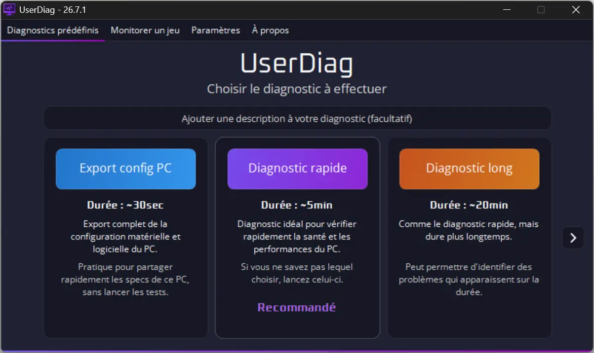 Interface UserDiag pour diagnostiquer les performances du PC