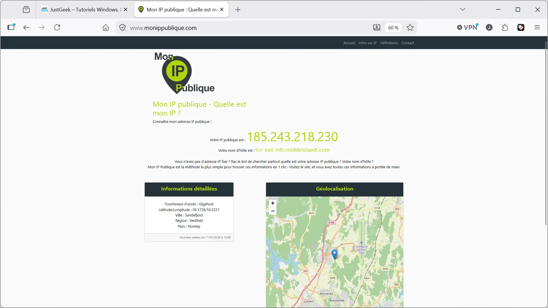 Vérification de la nouvelle adresse IP publique après la connexion au réseau Tor avec OnionHop