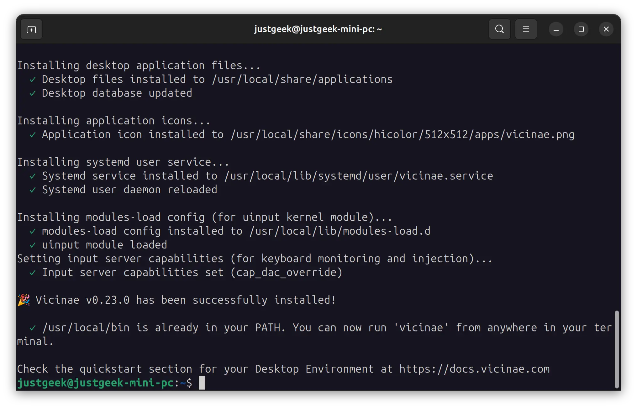 Installation de Vicinae terminée sous Linux