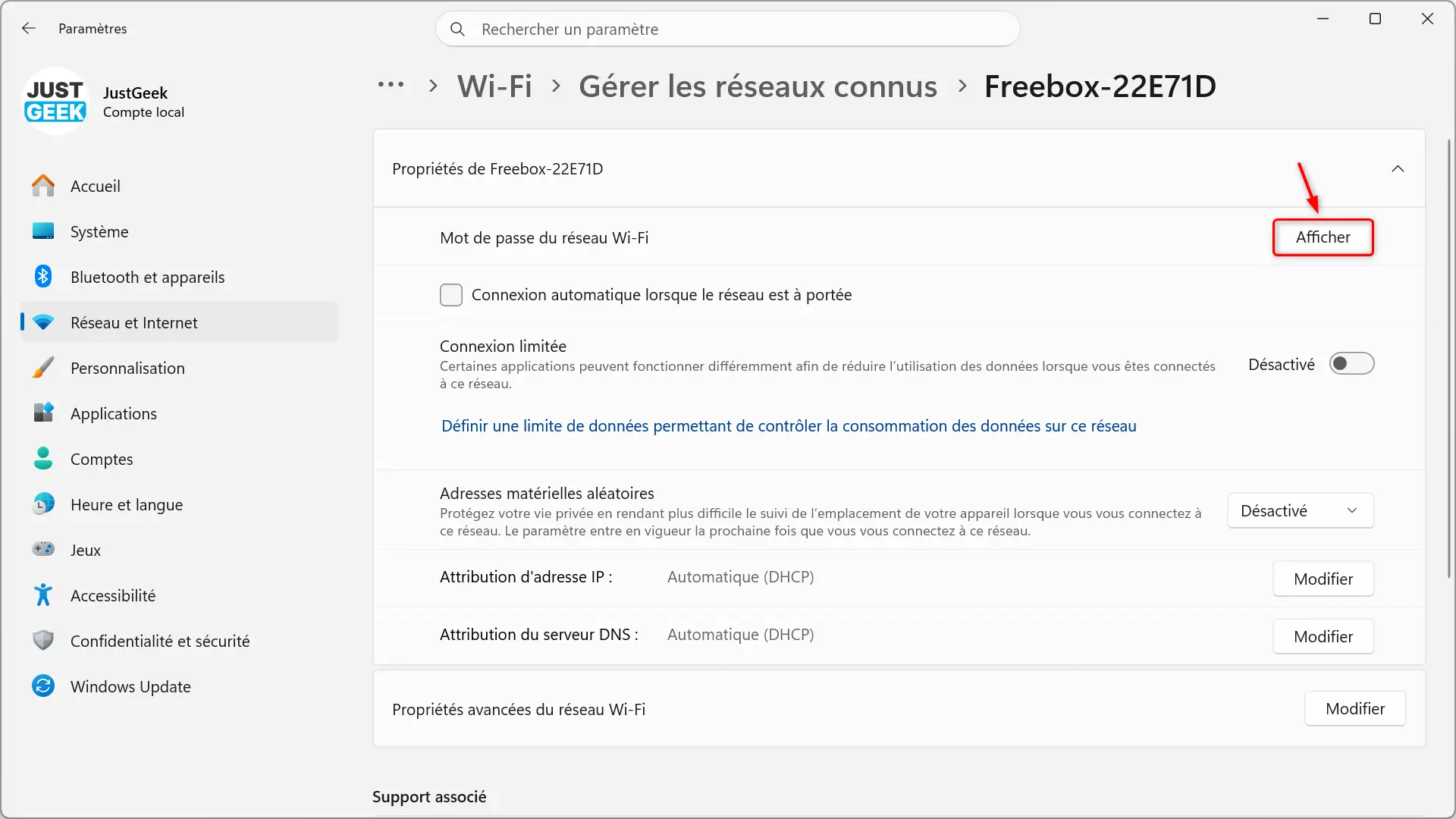 Bouton pour afficher le mot de passe d'un réseau Wi-Fi sous Windows 11