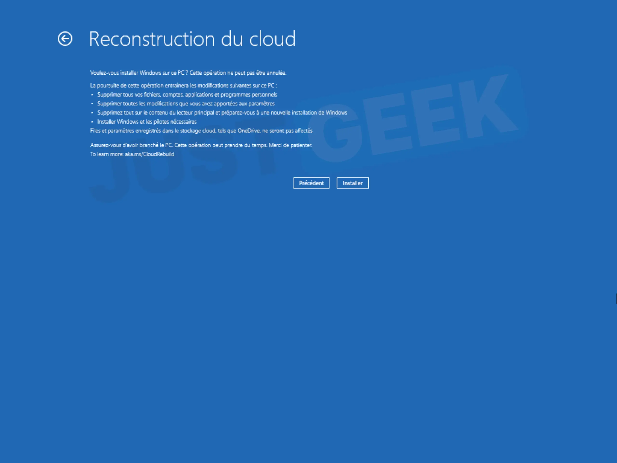 Avertissement avant de réinstaller complètement Windows avec reconstruction Cloud