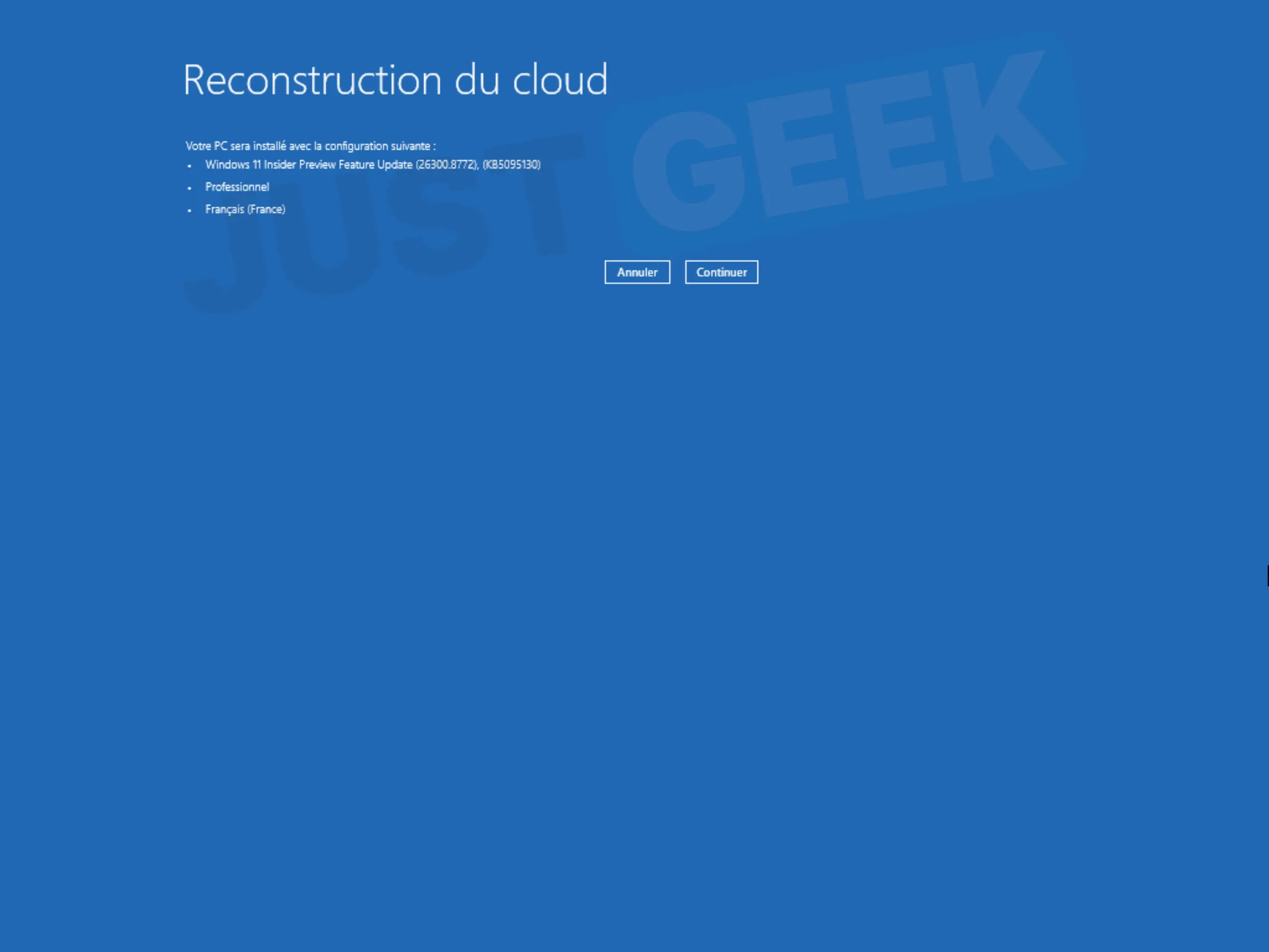 Récapitulatif de la version de Windows qui sera installée avec la reconstruction Cloud