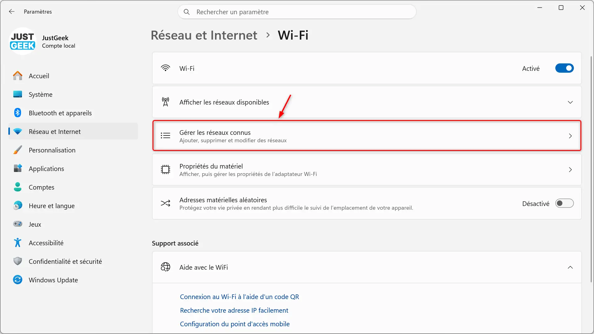 Accédez à l'option Gérer les réseaux connus dans les paramètres Wi-Fi de Windows 11