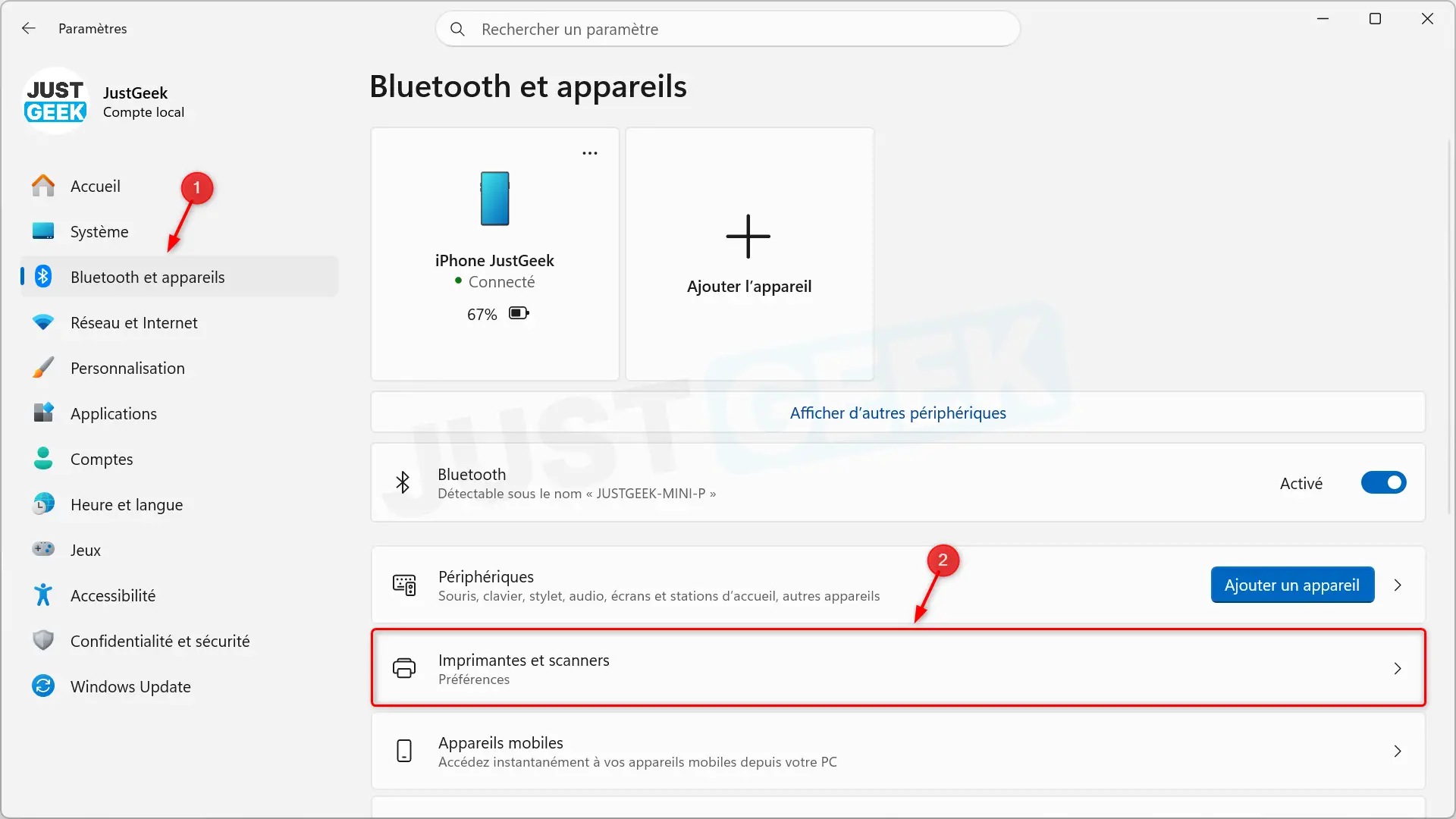 Accédez à la section Imprimantes et scanners dans les paramètres de Windows 11