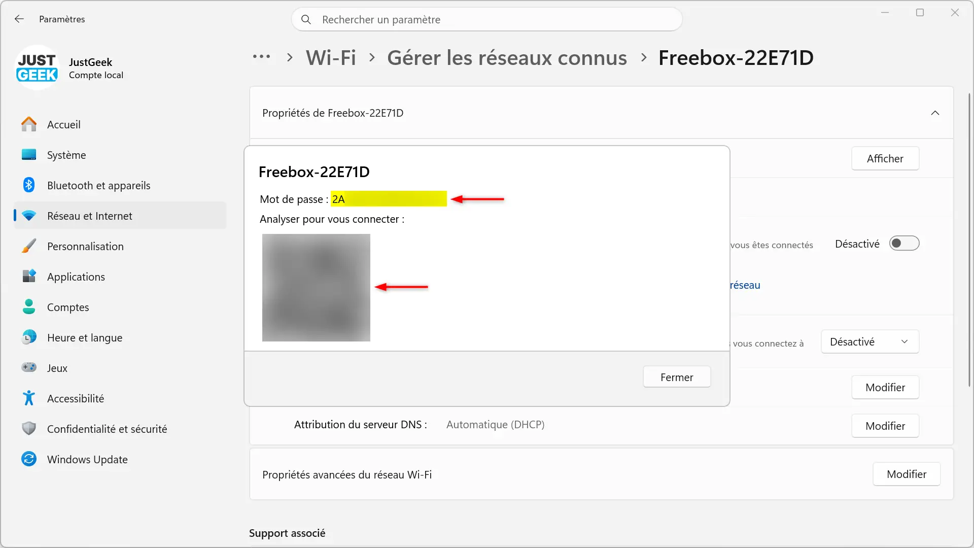 Mot de passe du réseau Wi-Fi et code QR affichés dans Windows 11