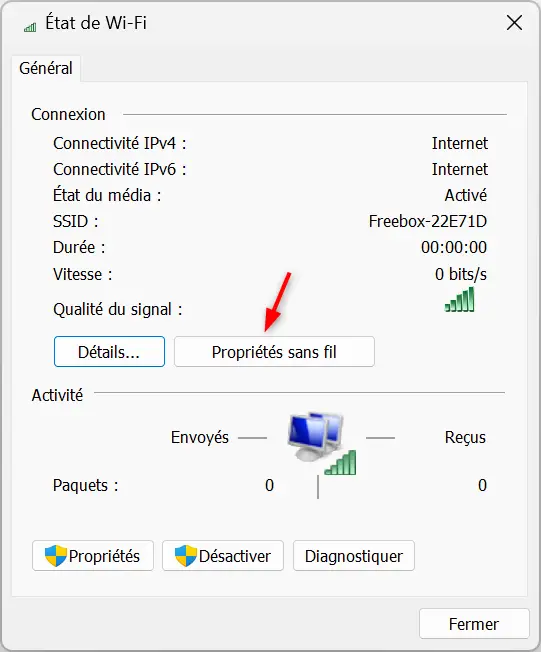 Ouvrez les propriétés sans fil de la connexion Wi-Fi dans Windows 11