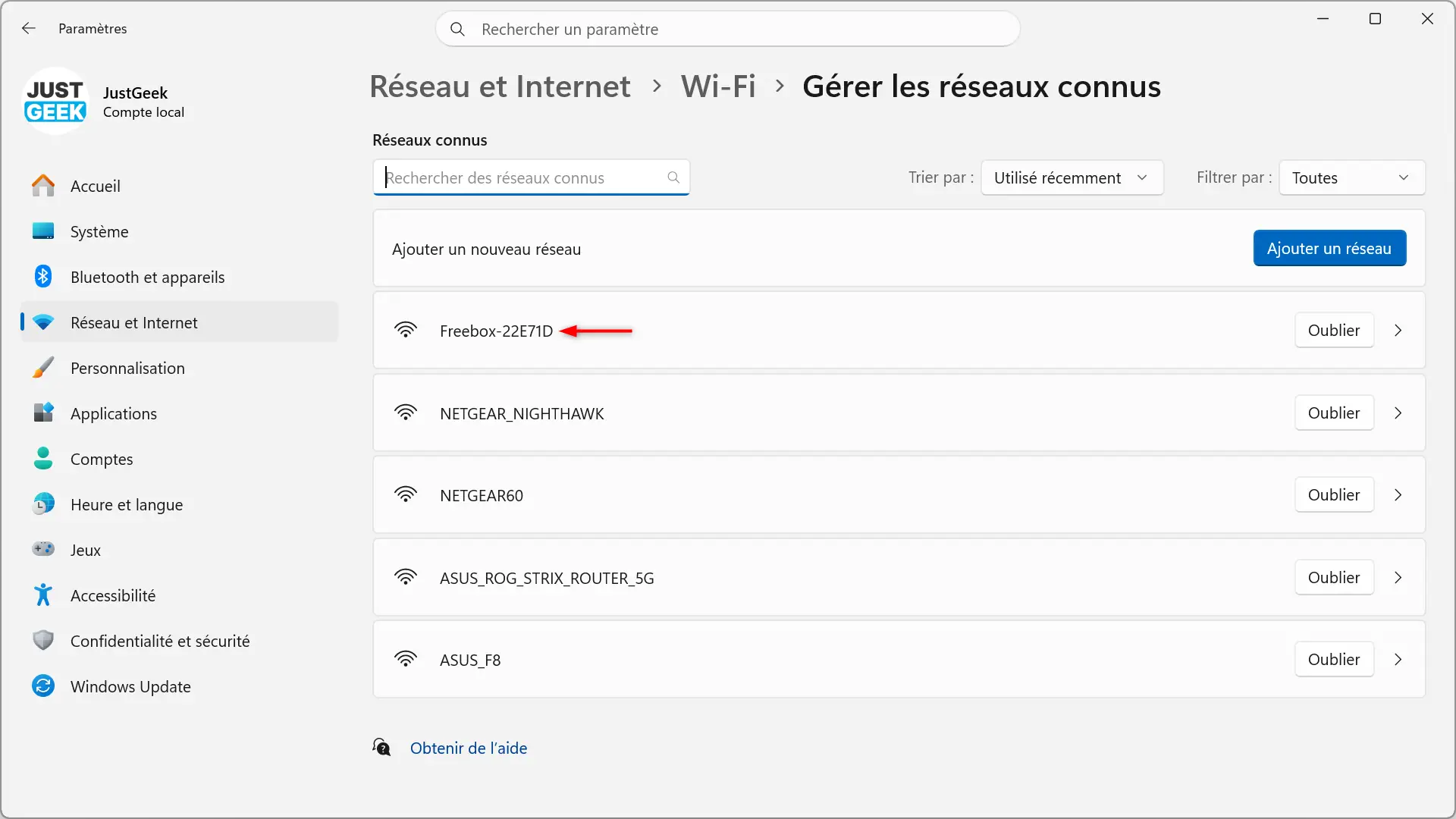 Sélection d'un réseau Wi-Fi enregistré dans Windows 11
