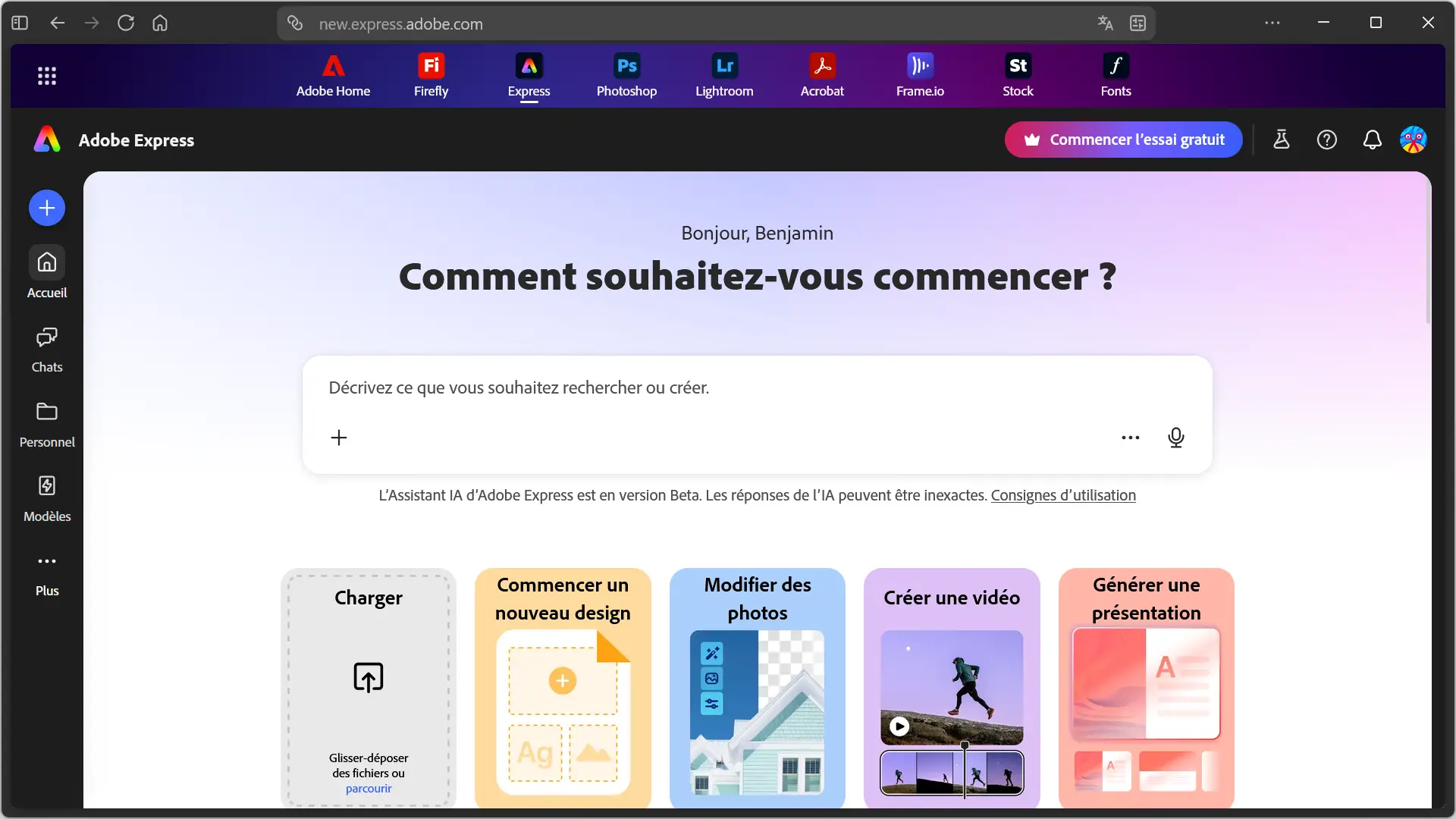 Interface Adobe Express avec les outils de création disponibles