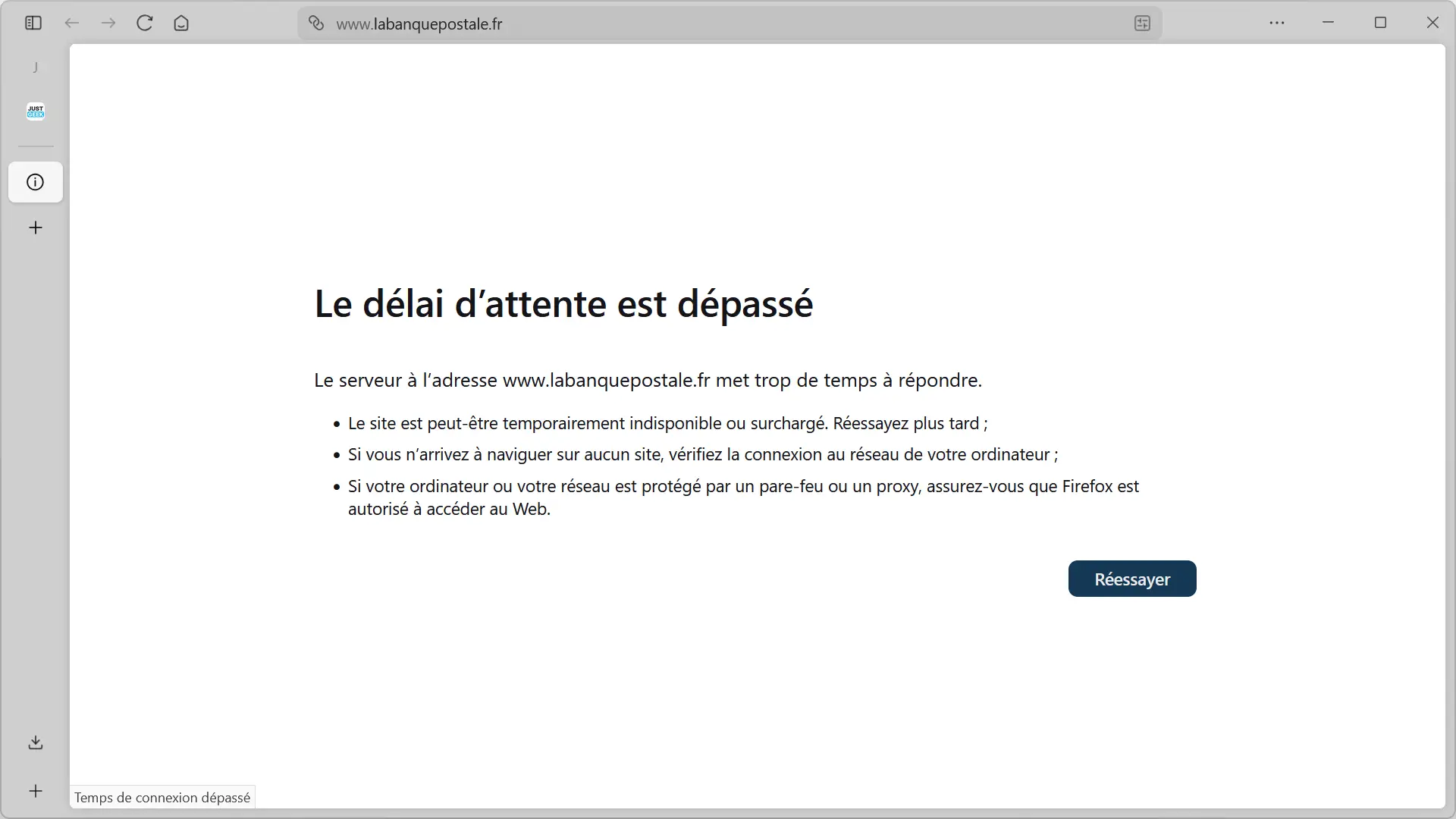 Message d'erreur affiché sur le site Internet de La Banque Postale indiquant un dépassement du délai d'attente lors de la panne du 22 décembre 2025