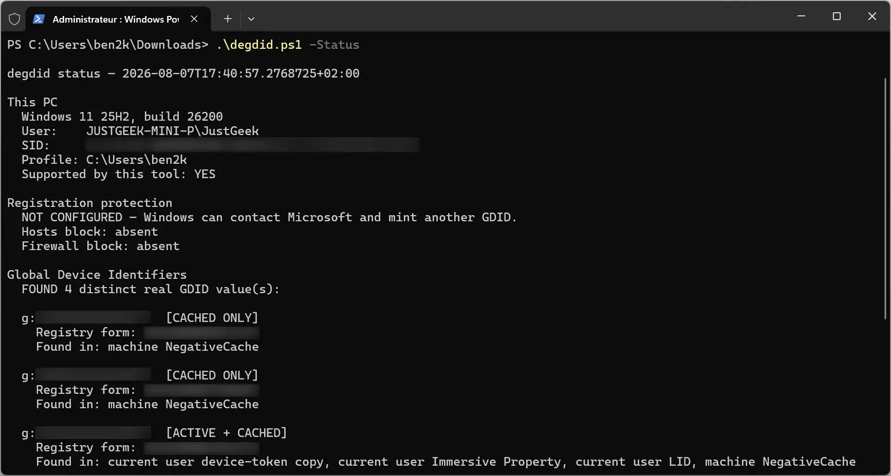 Exécution de la commande -Status à partir du script GDID dans Windows PowerShell