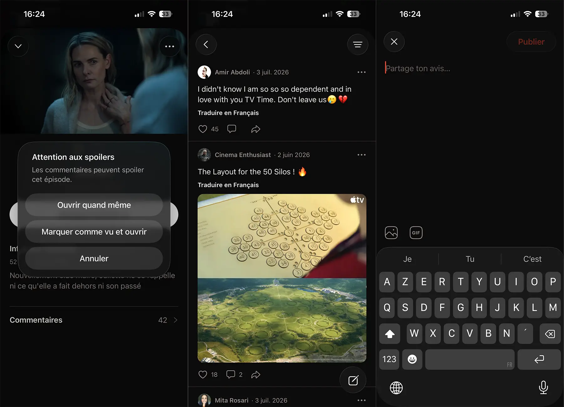 Section d'avertissement anti-spoiler et de commentaires sur les épisodes dans l'application Bingers