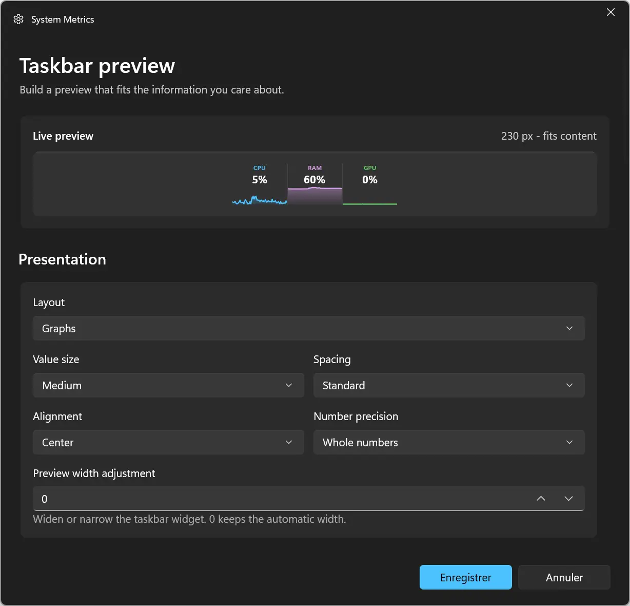 Paramètres de configuration du widget Métriques système dans WidBar sous Windows 11