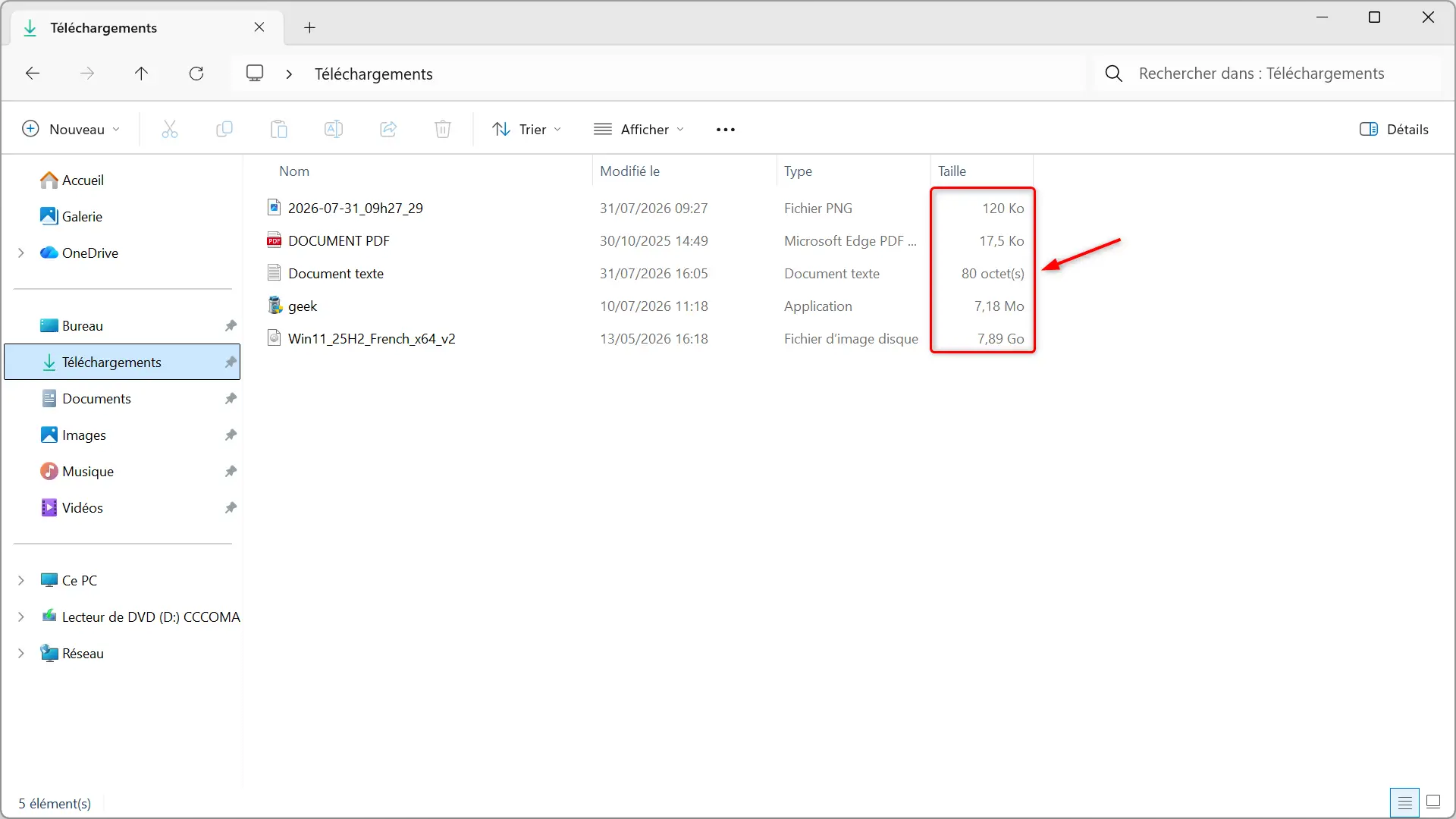 Explorateur de fichiers Windows 11 affichant les tailles de fichiers en Ko, Mo et Go dans la vue Détails