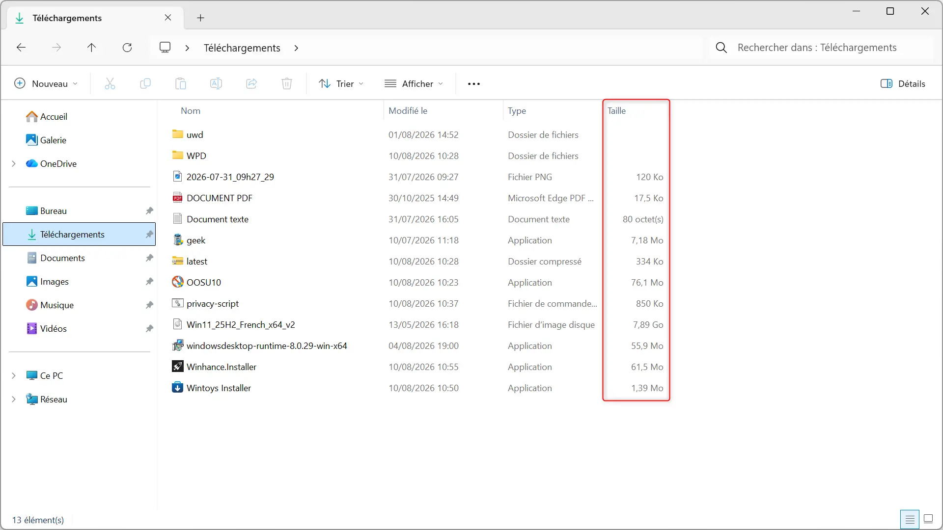 L'Explorateur de fichiers Windows 11 affiche automatiquement les tailles en Ko, Mo et Go