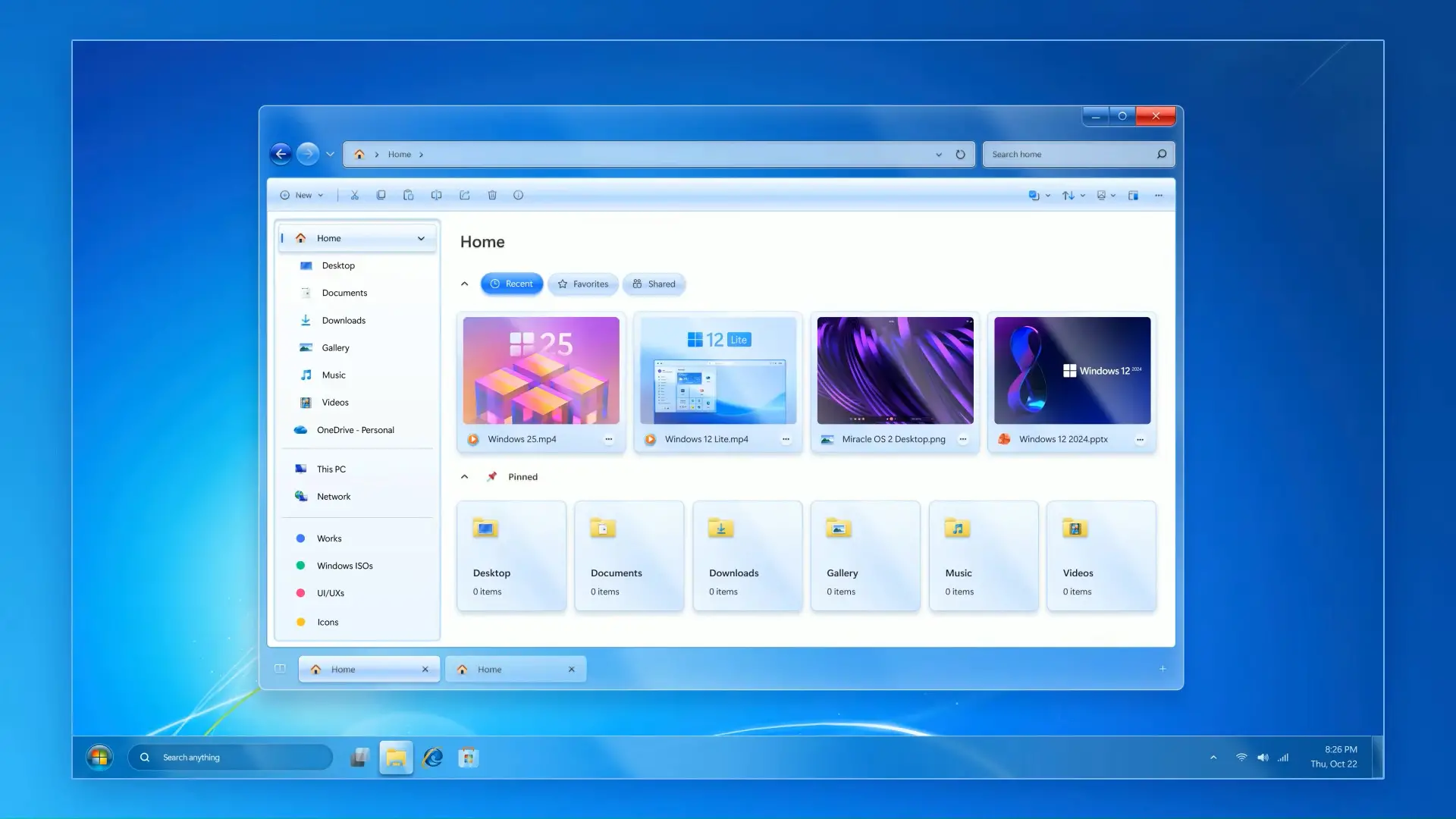 Explorateur de fichiers Windows 7 remasterisé avec onglets, nouvelle page d'accueil et interface modernisée