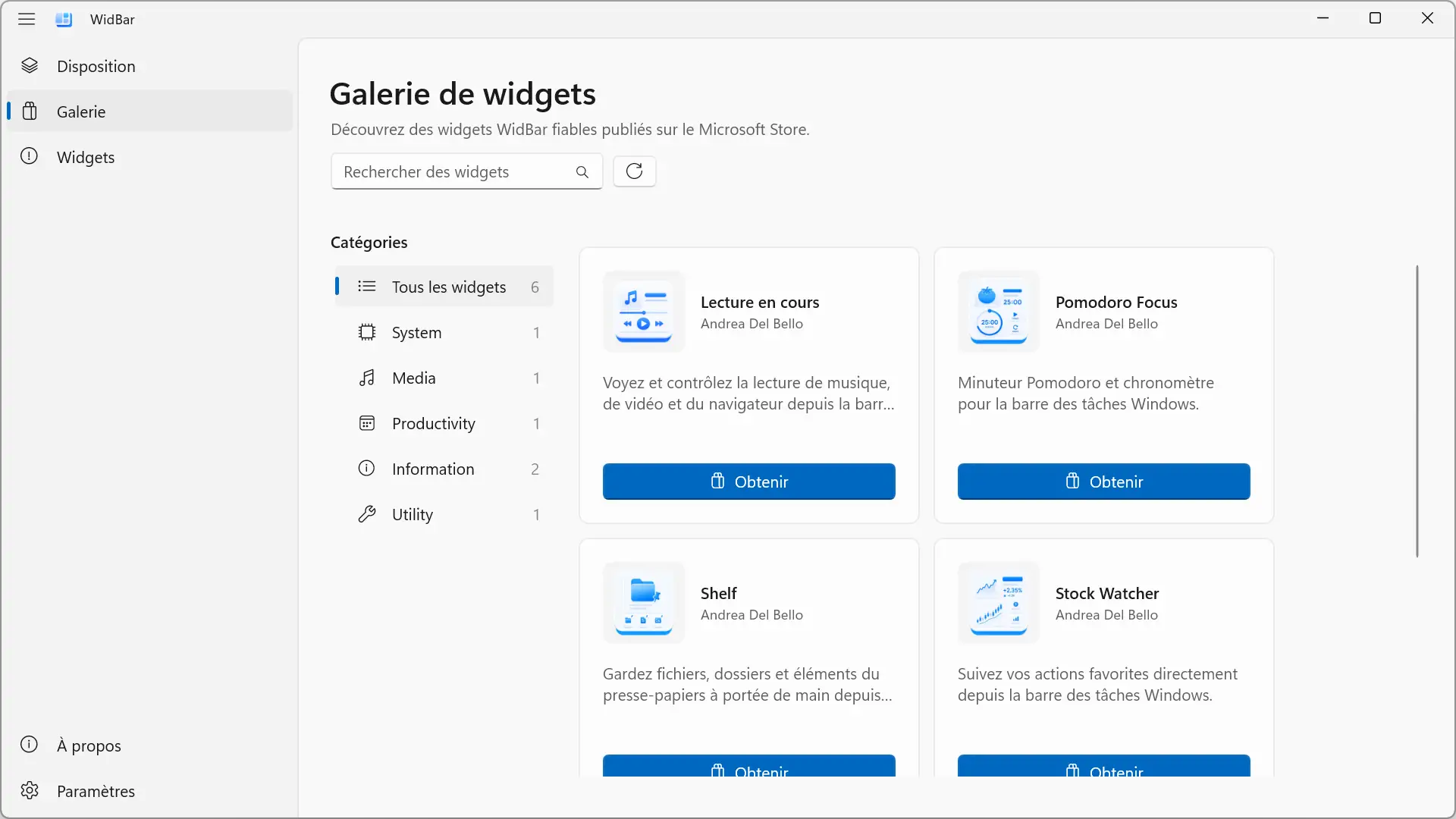Galerie de widgets disponibles dans WidBar pour Windows 11