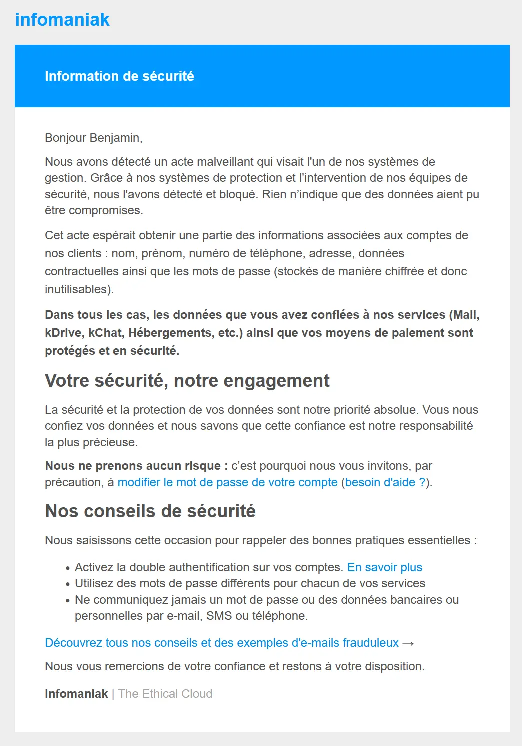Capture d'écran de l'email envoyé par Infomaniak à ses clients concernant une tentative de piratage et recommandations de sécurité.
