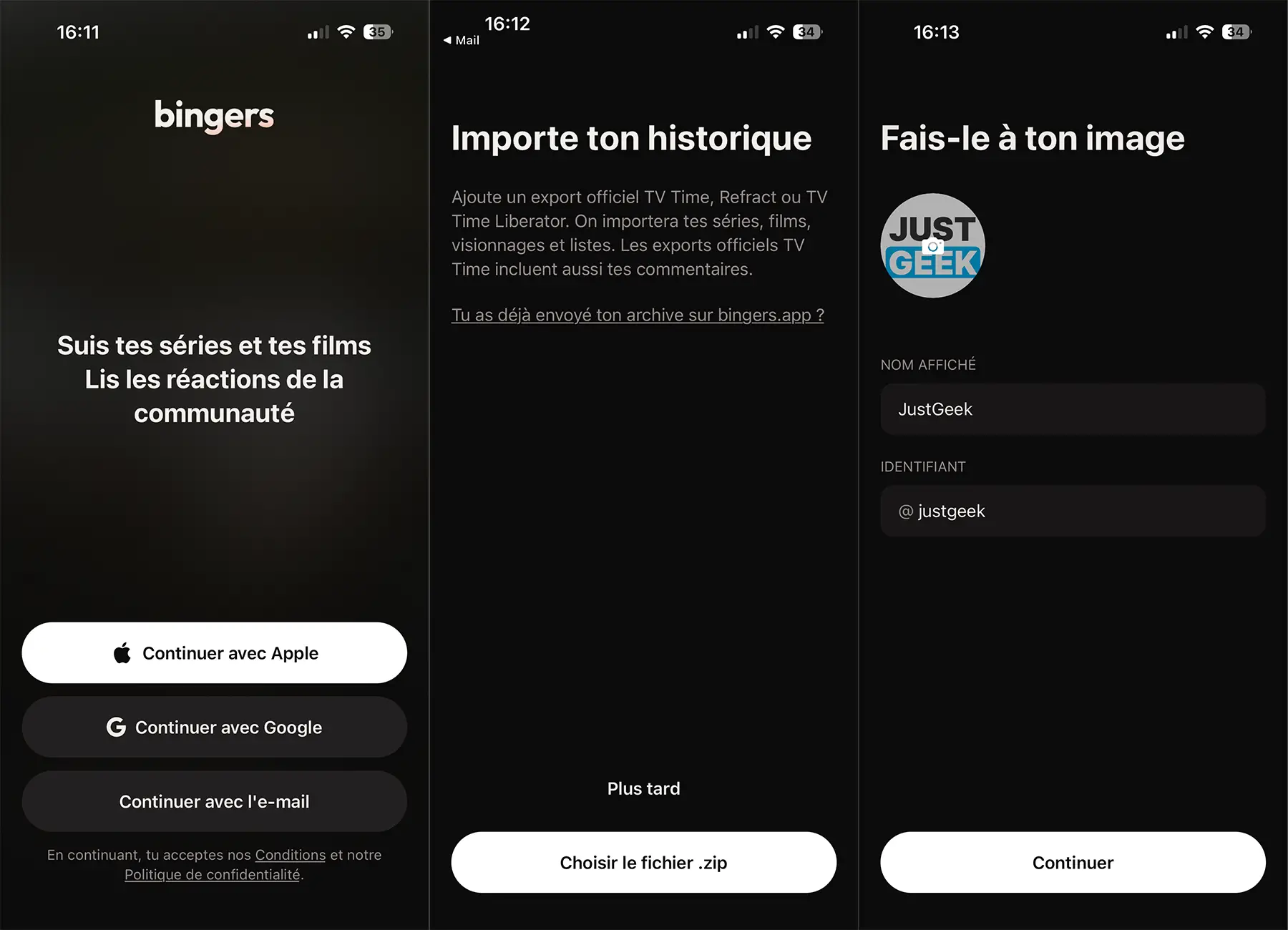 Écran de connexion Bingers, importer l'historique de l'heure TV et créer un profil utilisateur