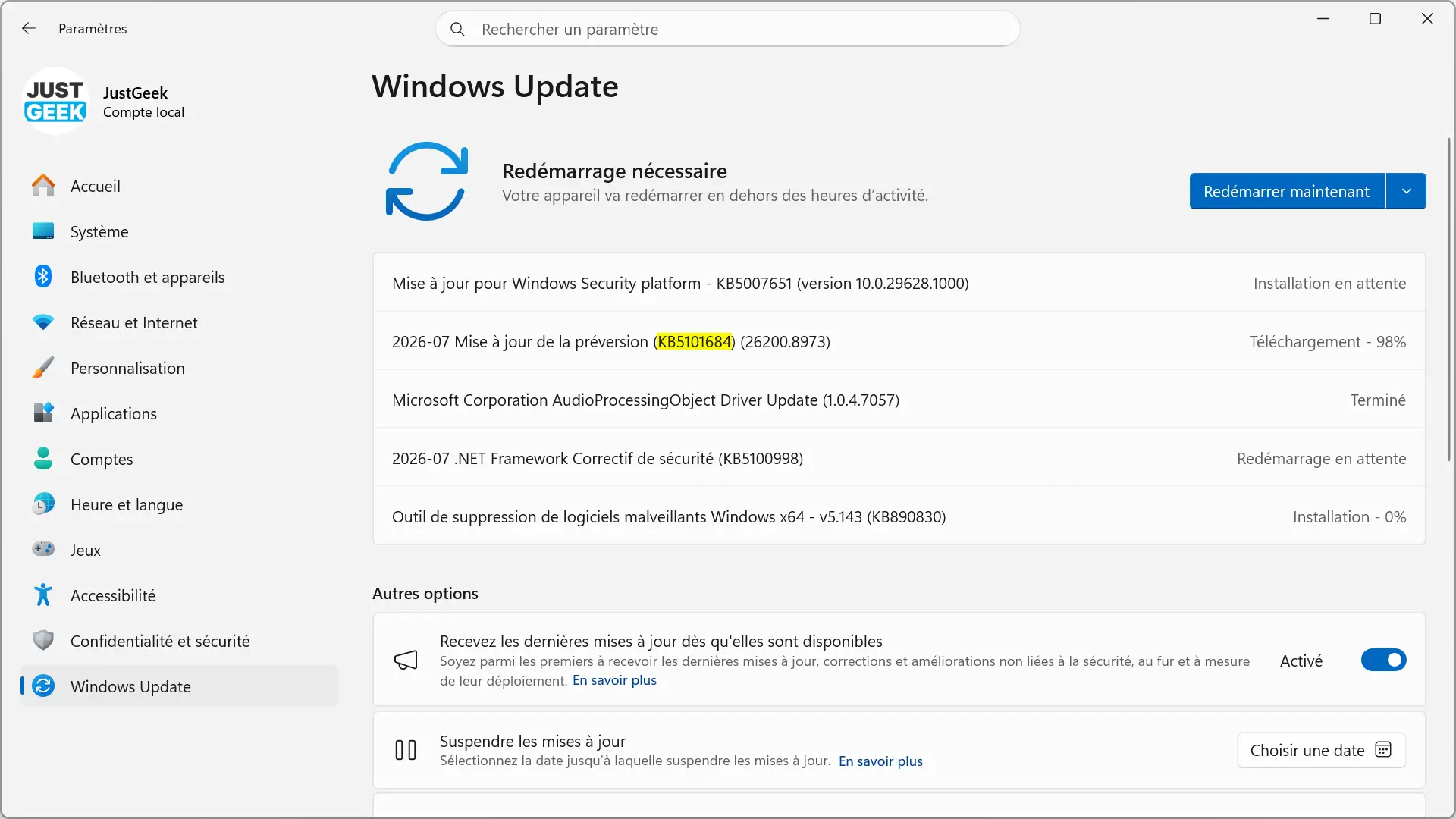 Installation de la mise à jour facultative KB5101684 à partir de Windows Update sur Windows 11