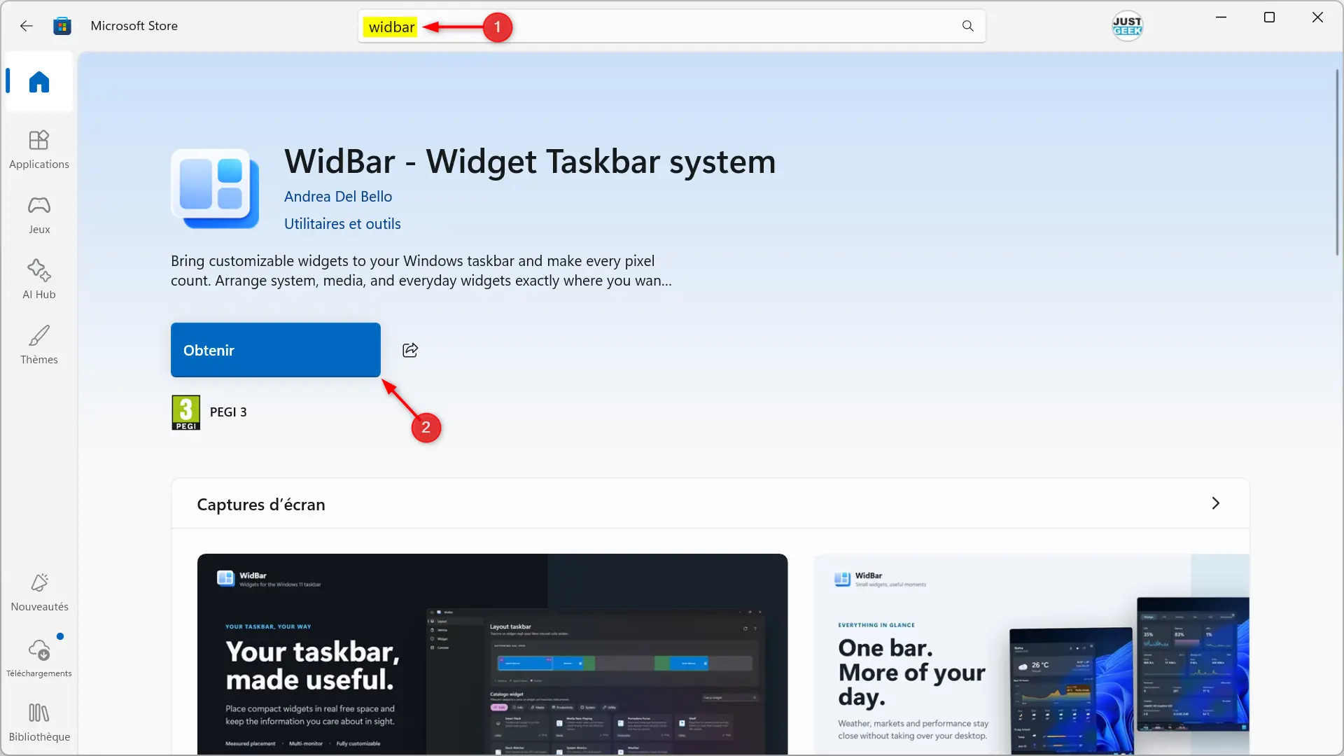 Installation de WidBar depuis le Microsoft Store sur Windows 11