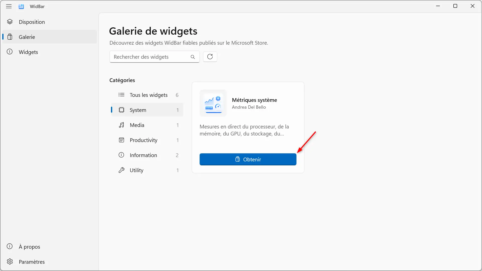 Installer un widget depuis l'onglet WidBar Gallery en cliquant sur le bouton « Obtenir »