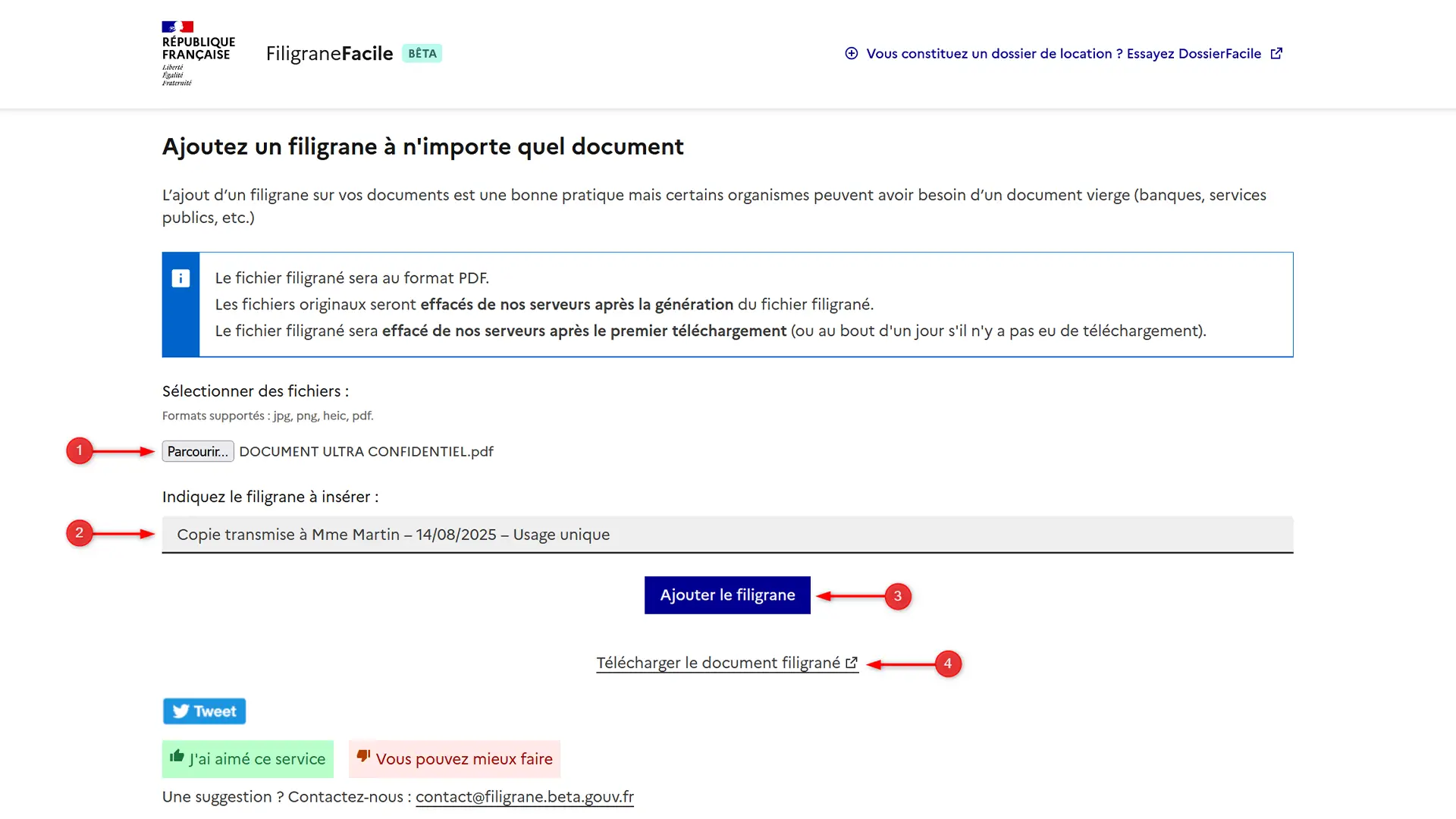 Interface du service FiligreeFacile montrant les étapes pour ajouter un filigrane à un document.