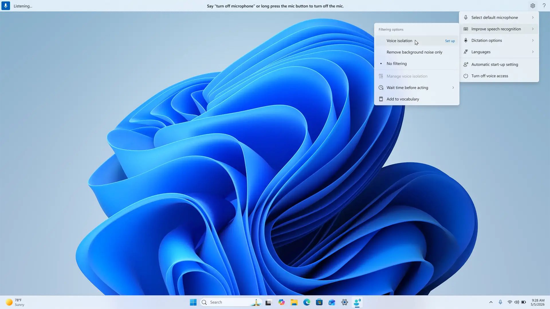 Paramètres d'accès vocal dans Windows 11 avec la nouvelle option d'isolation vocale dans la mise à jour KB5101684