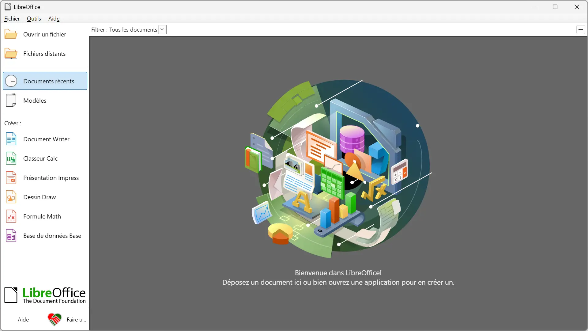 Écran d'accueil de LibreOffice 26.8