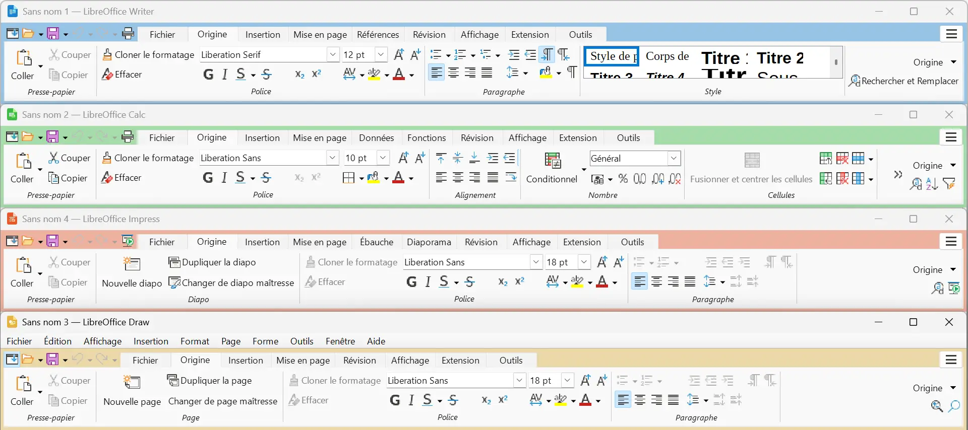 LibreOffice 26.8 Notebookbar avec différentes couleurs pour Writer, Calc, Impress et Draw