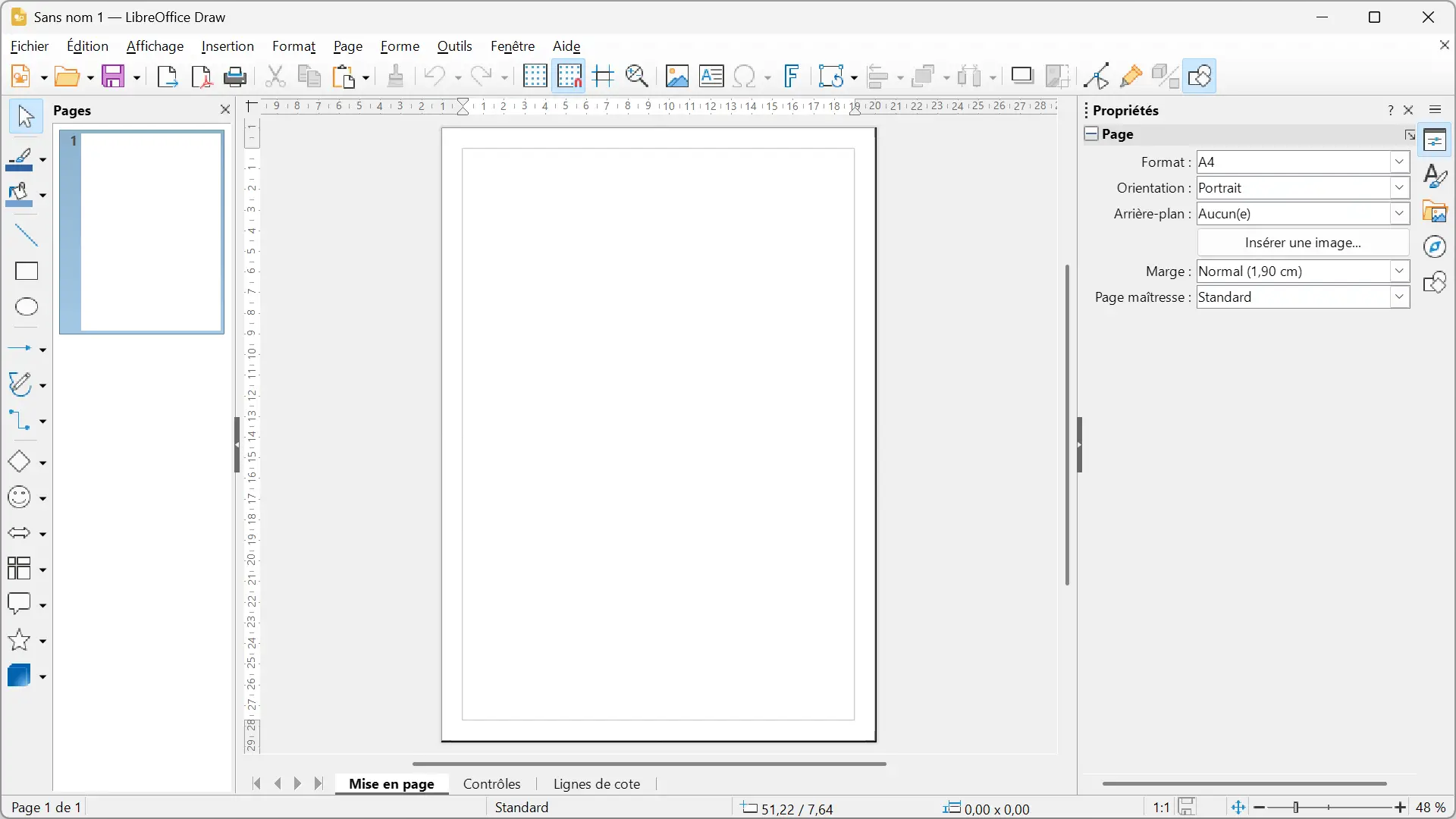 Interface LibreOffice Draw avec un nouveau document vierge