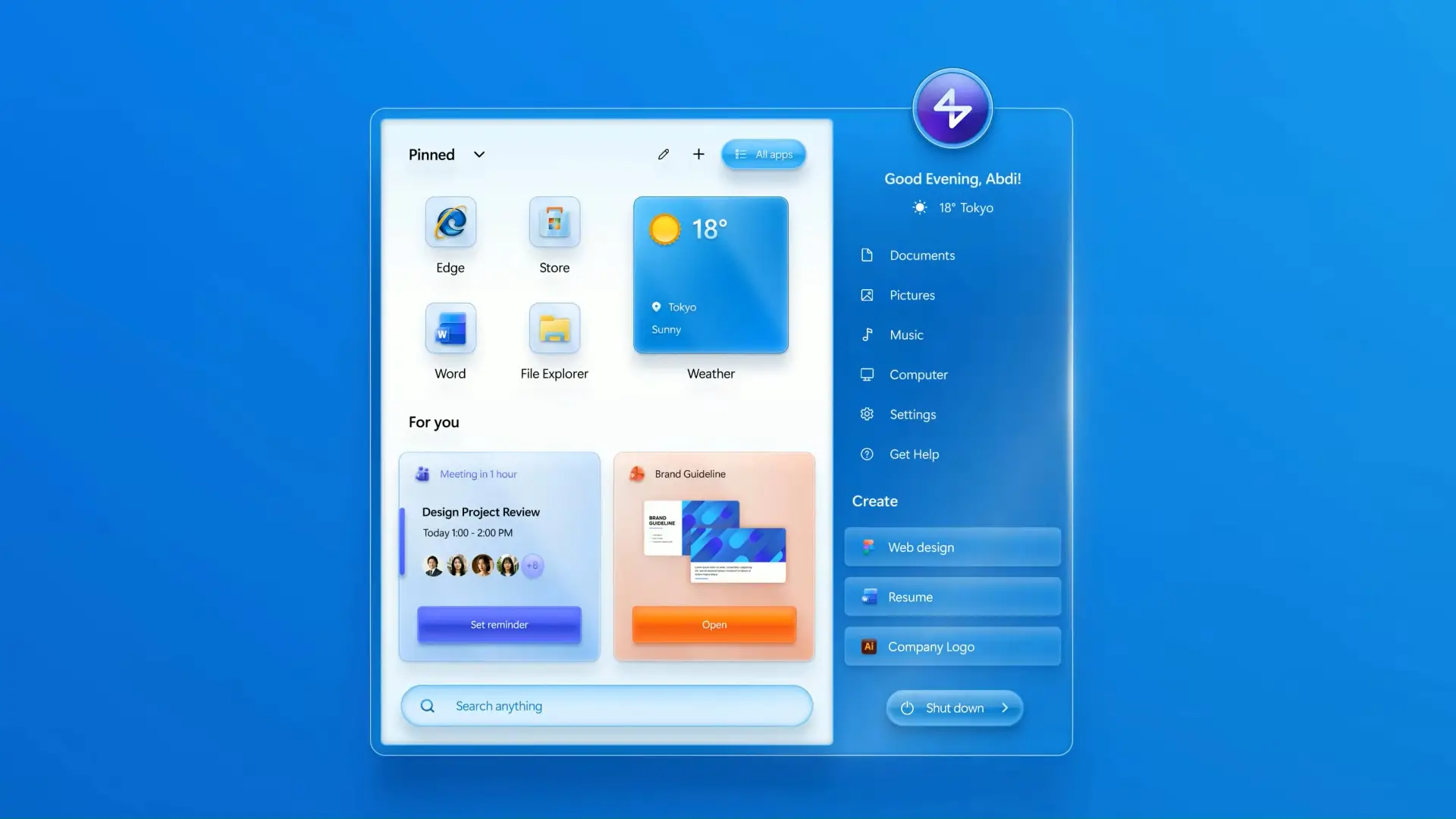 Menu Démarrer du concept Windows 7 Remastered imaginé par YouTuber AR 4789