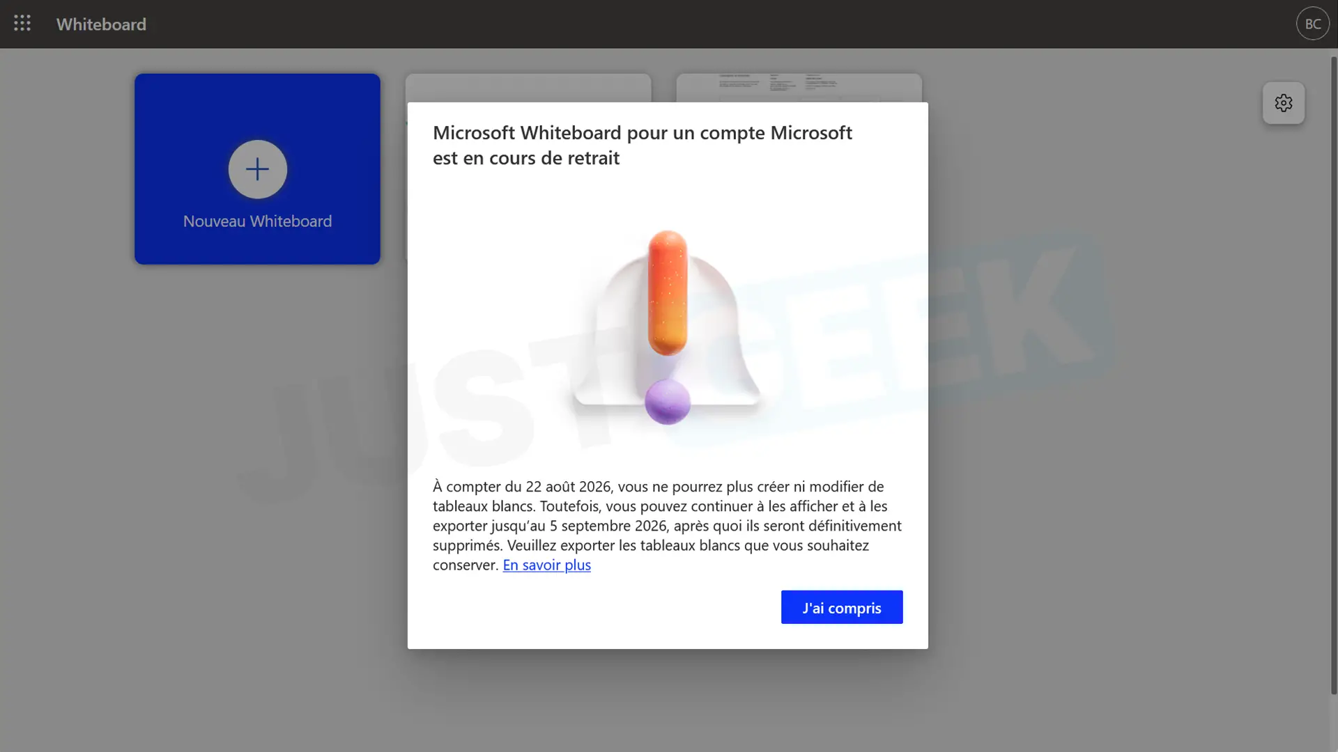 Message annonçant le retrait de Microsoft Whiteboard pour les comptes personnels