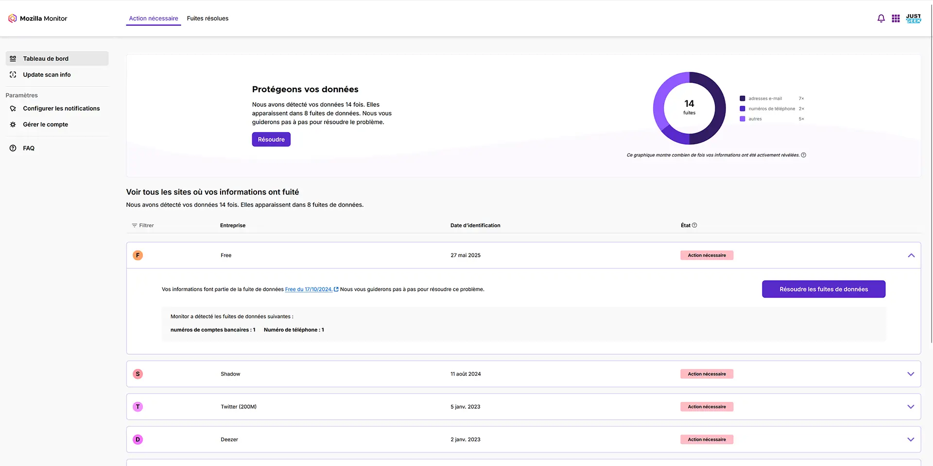 Capture d'écran de Mozilla Monitor montrant les fuites de données associées à un utilisateur