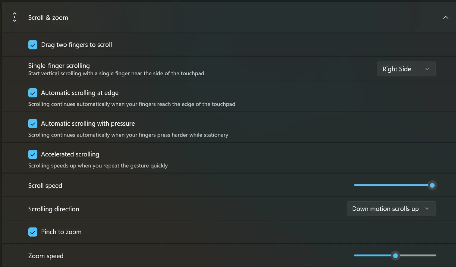 Nouveaux ajustements de précision du pavé tactile dans Windows 11 avec des options de vitesse de défilement, de vitesse de zoom et de défilement accéléré
