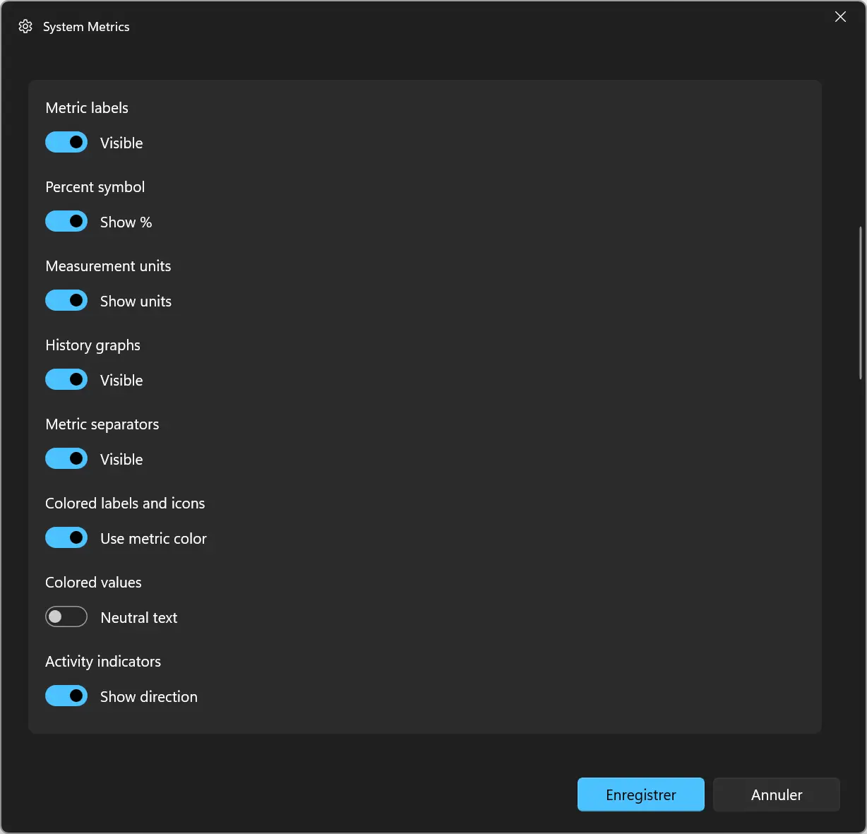 Options d'affichage et de personnalisation du widget System Metrics dans WidBar