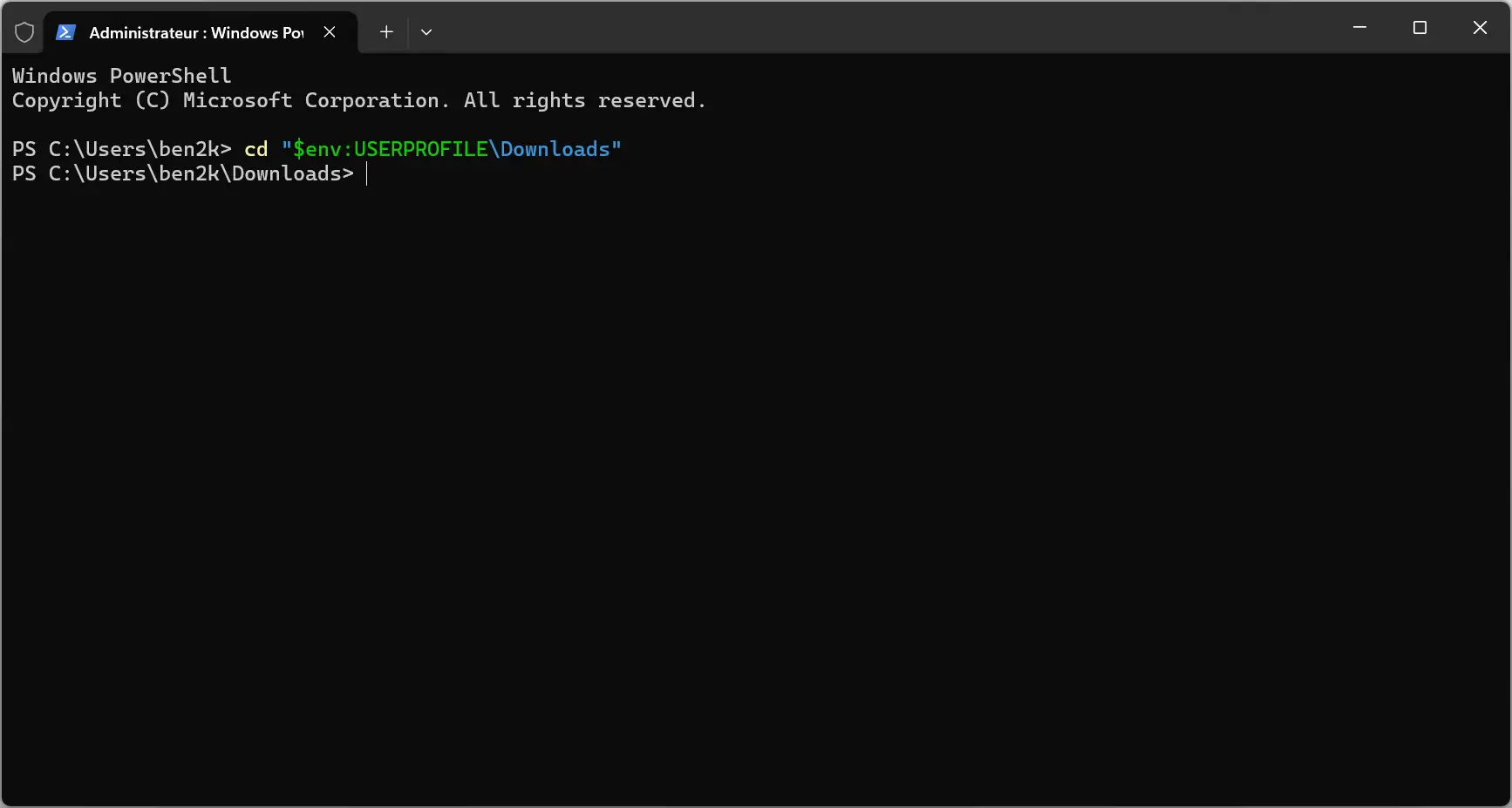 Commande PowerShell pour accéder au dossier Téléchargements avant d'exécuter le script deGDID
