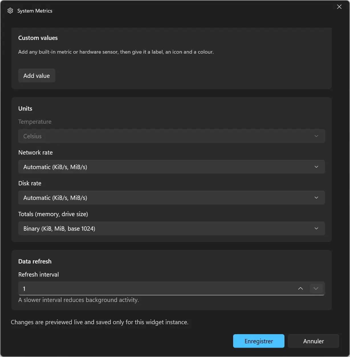 Paramètres avancés du widget WidBar System Metrics avec unités et taux de rafraîchissement