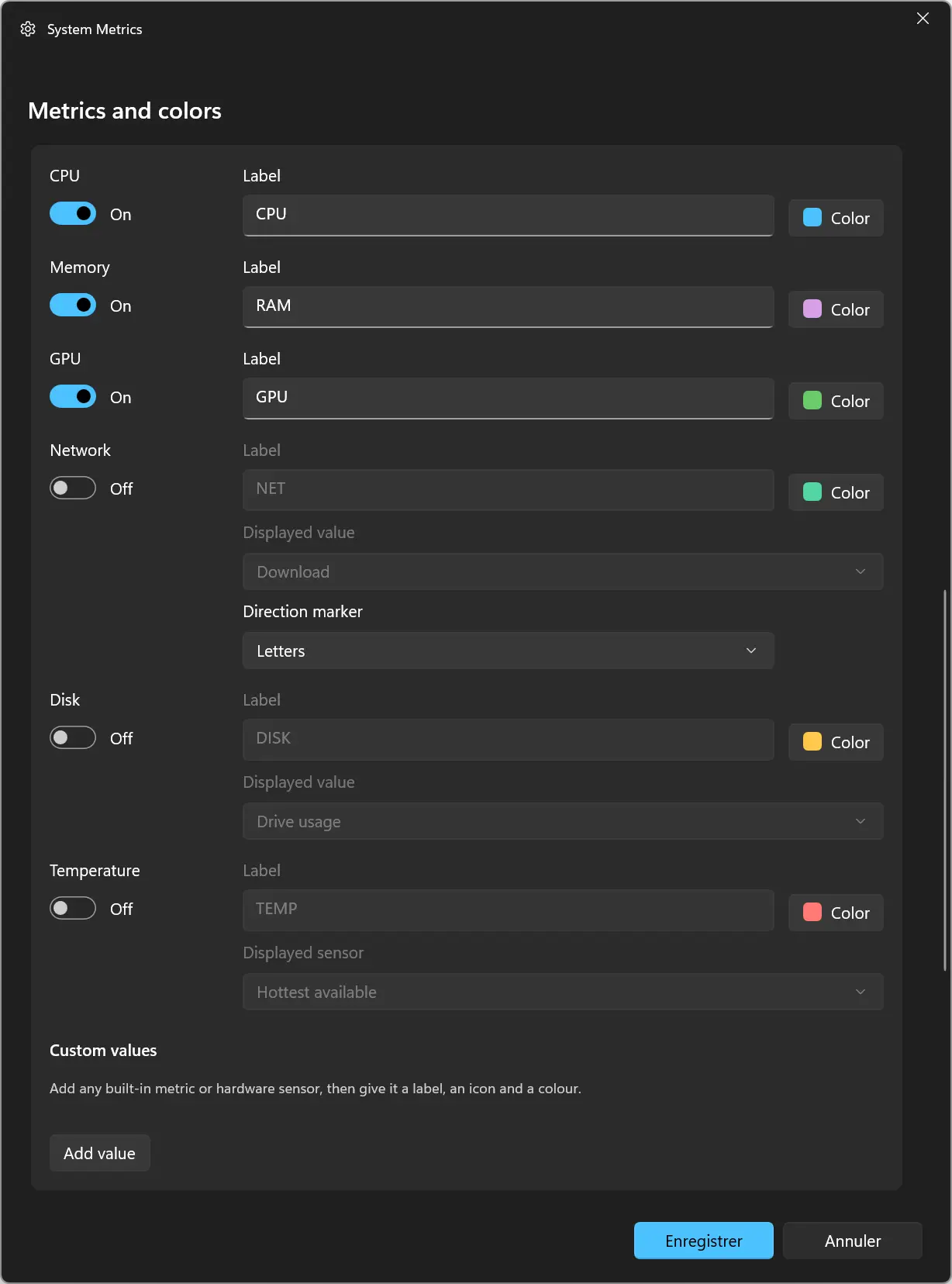 Personnalisez le CPU, la RAM, le GPU et d'autres métriques dans le widget System Metrics de WidBar