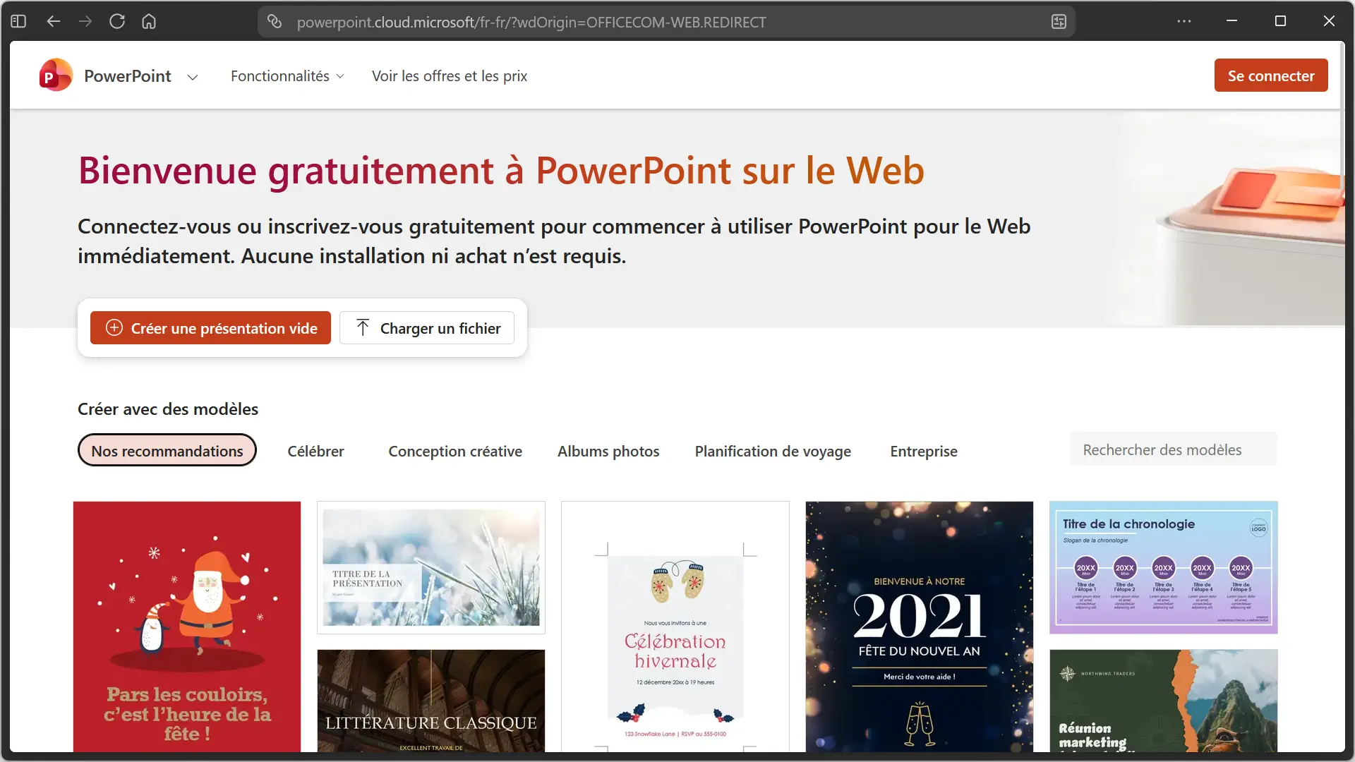 Interface PowerPoint pour le Web avec les modèles disponibles