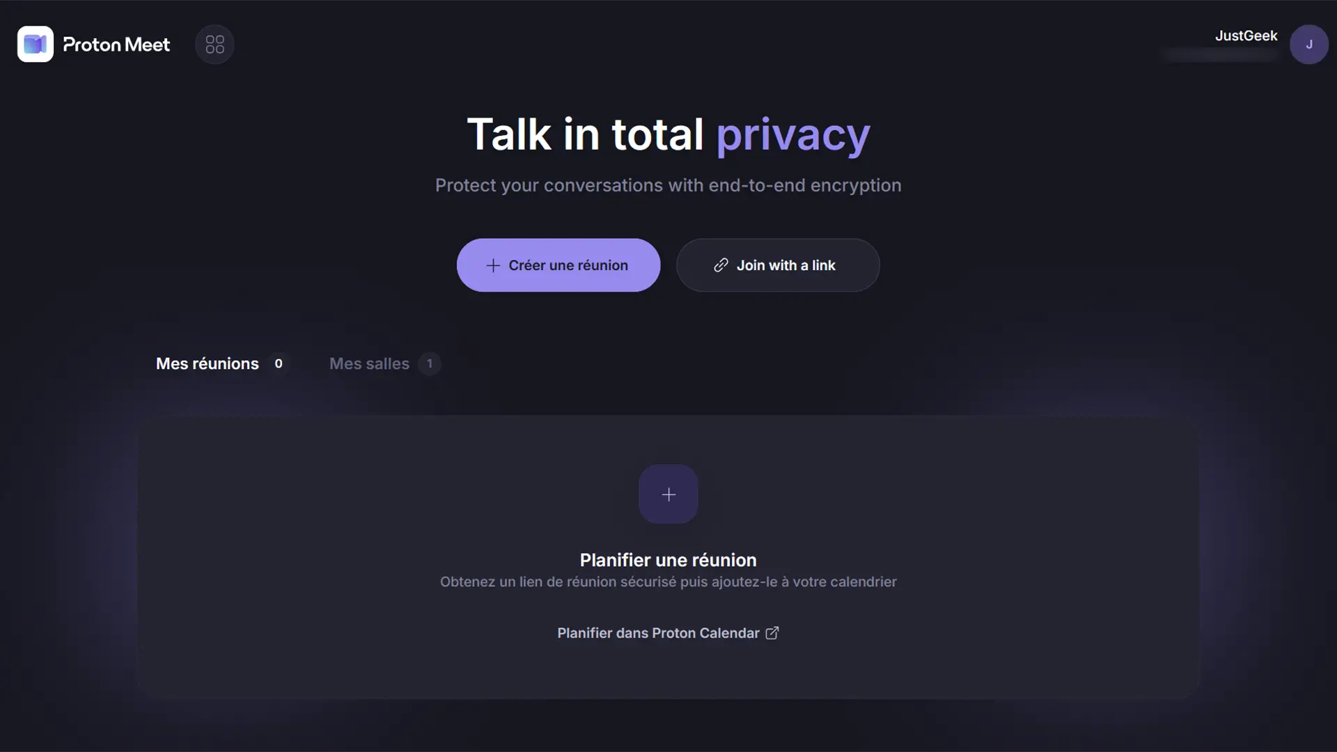 Interface Proton Meet avec options de création et de planification d'une réunion