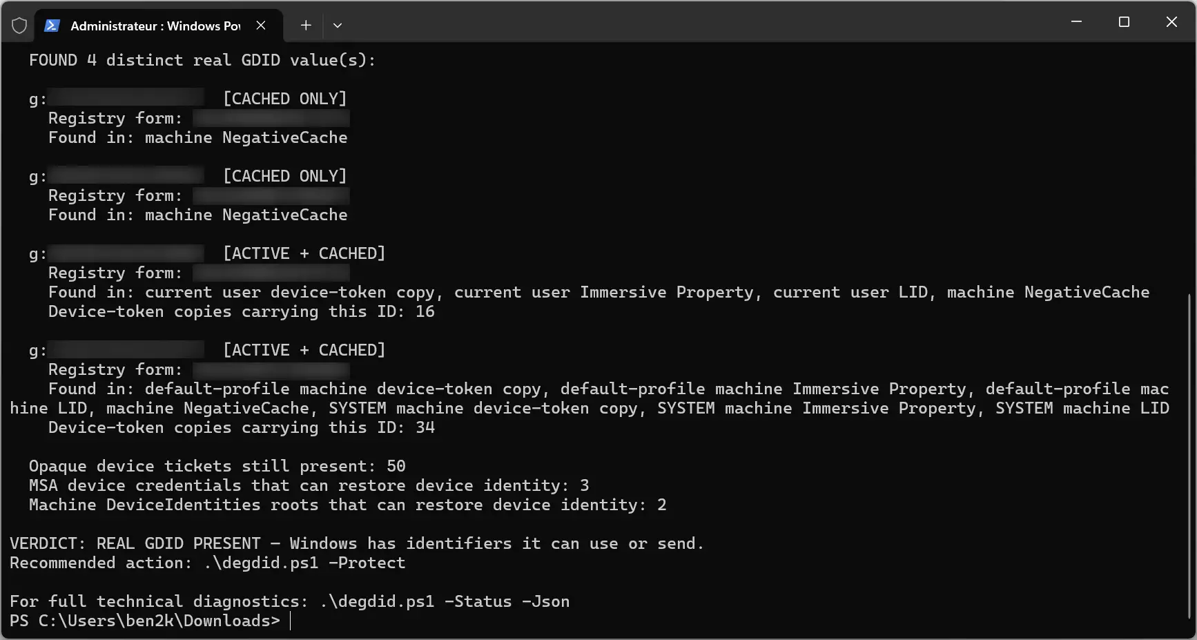 Résultat de la commande -Status affichant les informations GDID dans Windows