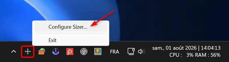 Ouverture de la configuration de Sizer à partir de la barre d'état système Windows