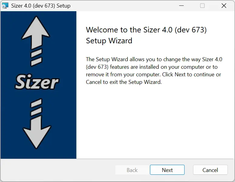Assistant d'installation du logiciel Sizer 4 sous Windows