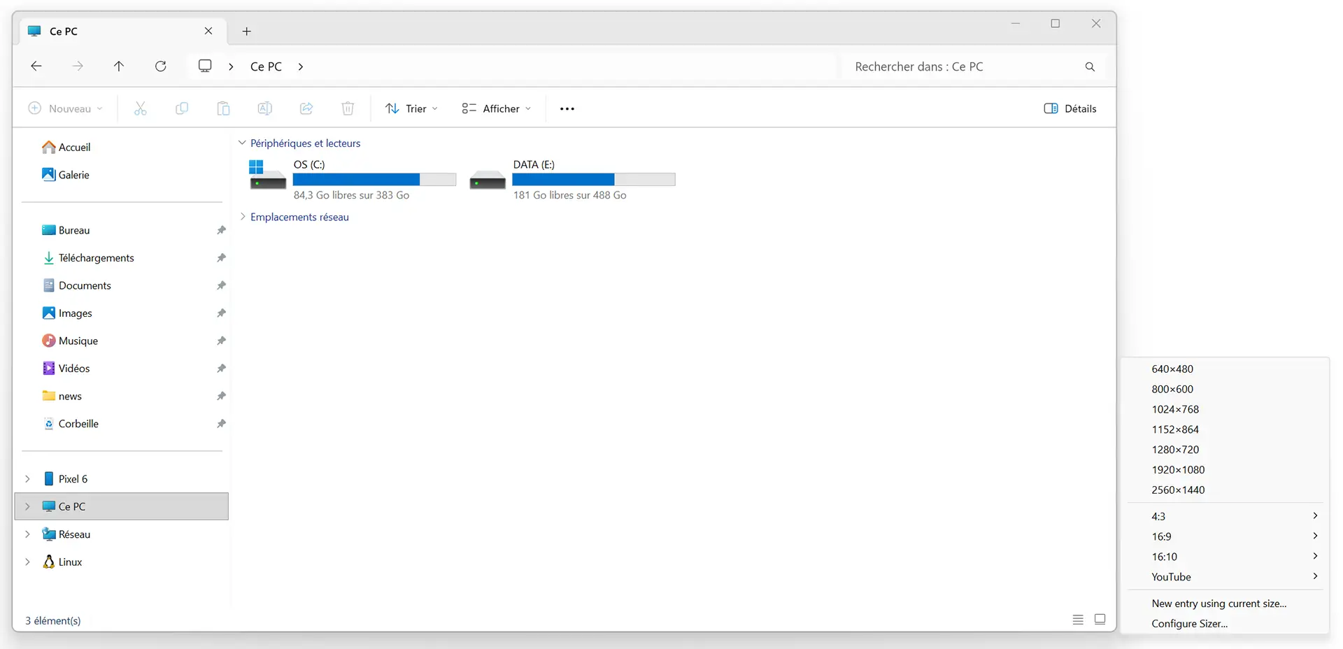 Menu contextuel Sizer pour redimensionner une fenêtre à une taille prédéfinie