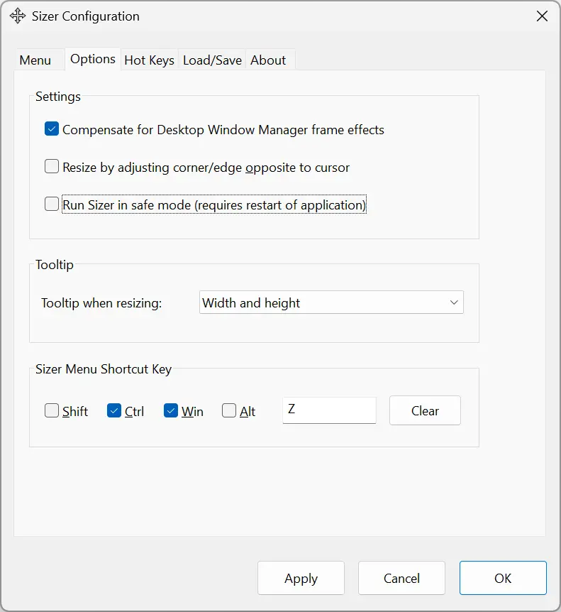Options de dimensionnement avec raccourci clavier pour afficher le menu de redimensionnement