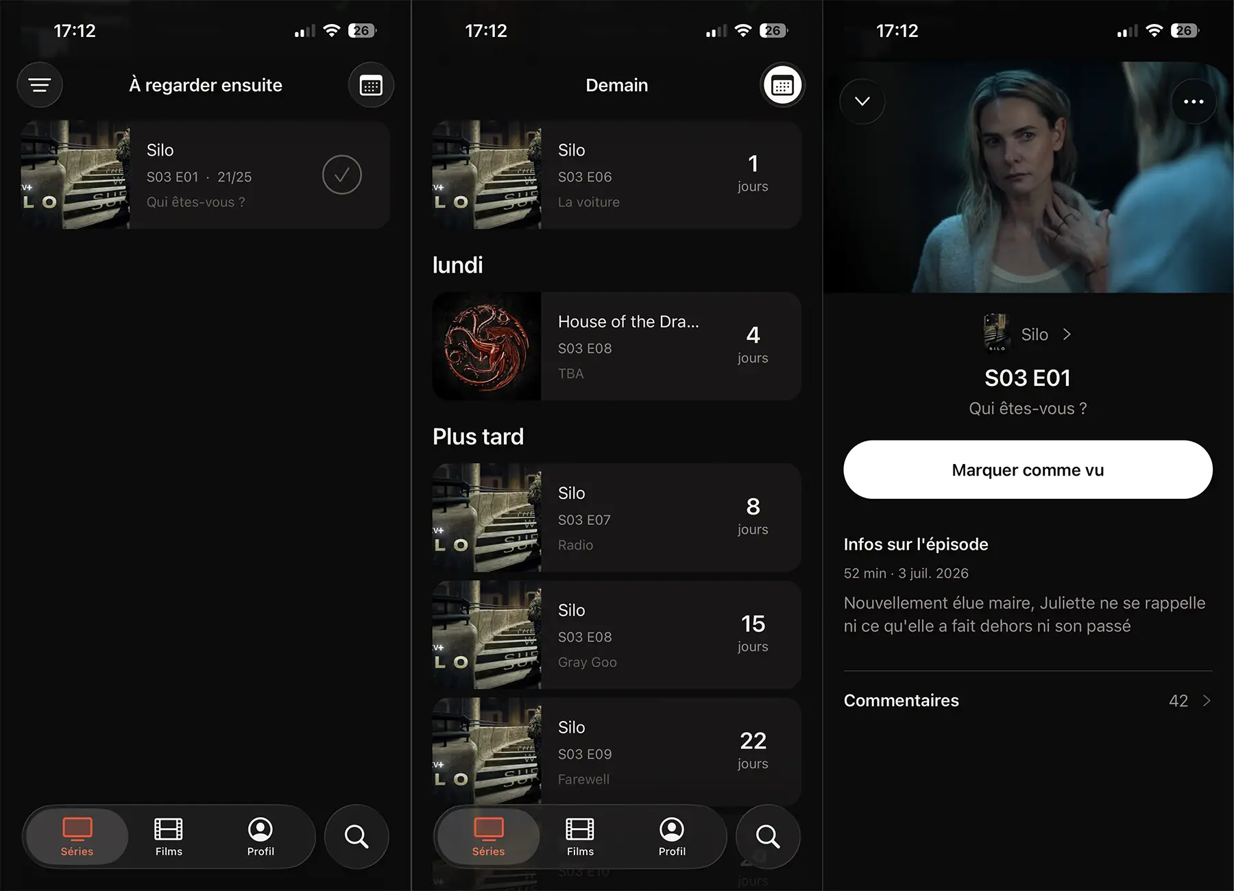 Suivi des épisodes, calendrier des sorties à venir et profil des épisodes dans l'application Bingers