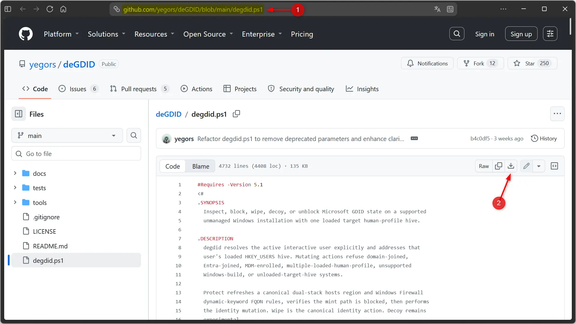 Téléchargement du script GDID PowerShell depuis la page GitHub du projet