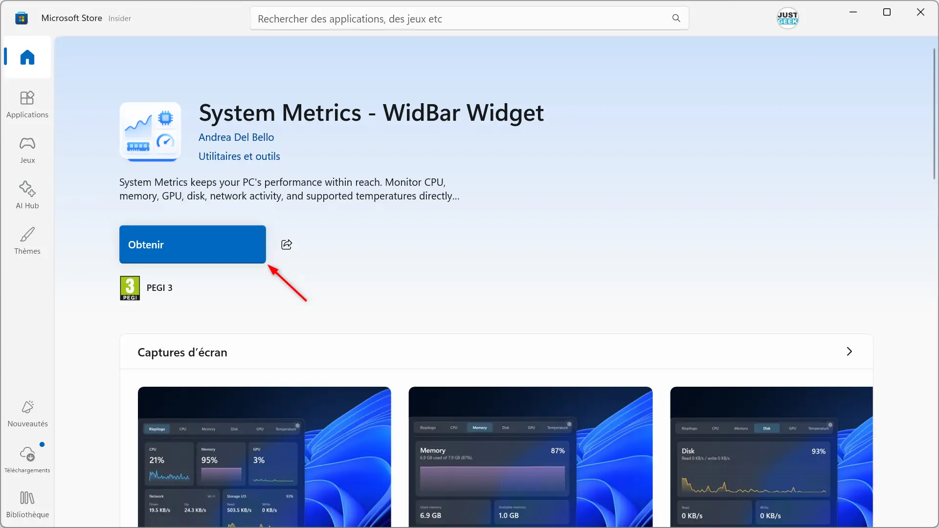 Téléchargement du widget WidBar System Metrics depuis le Microsoft Store