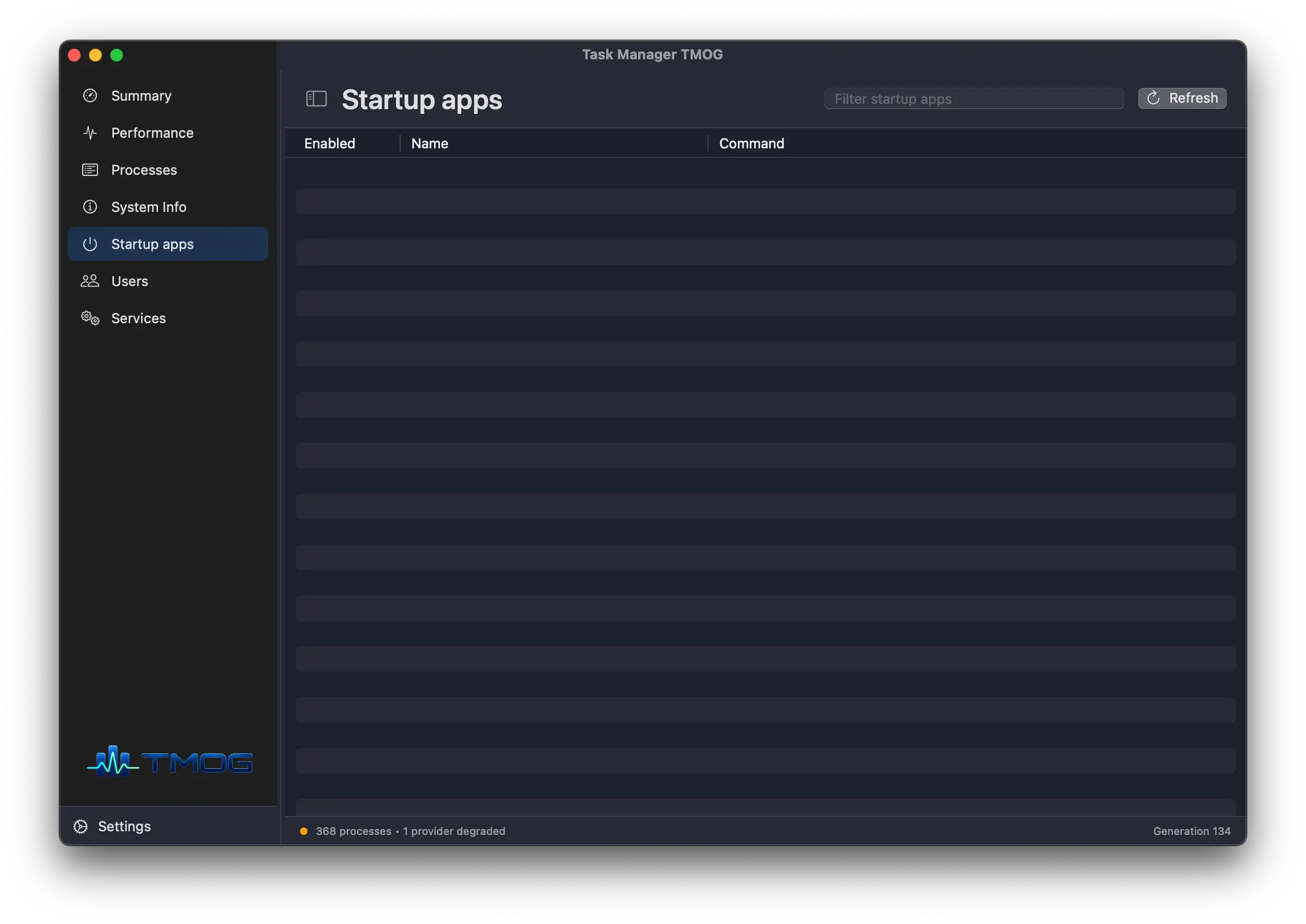 Applications lancées dans l'onglet de démarrage dans TMOG sur macOS